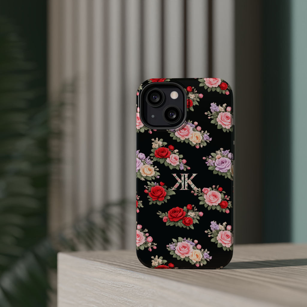 Anthos Collection BLACK Vintage Floral Rose Pattern Magnetic Impact-Resistant Phone Case