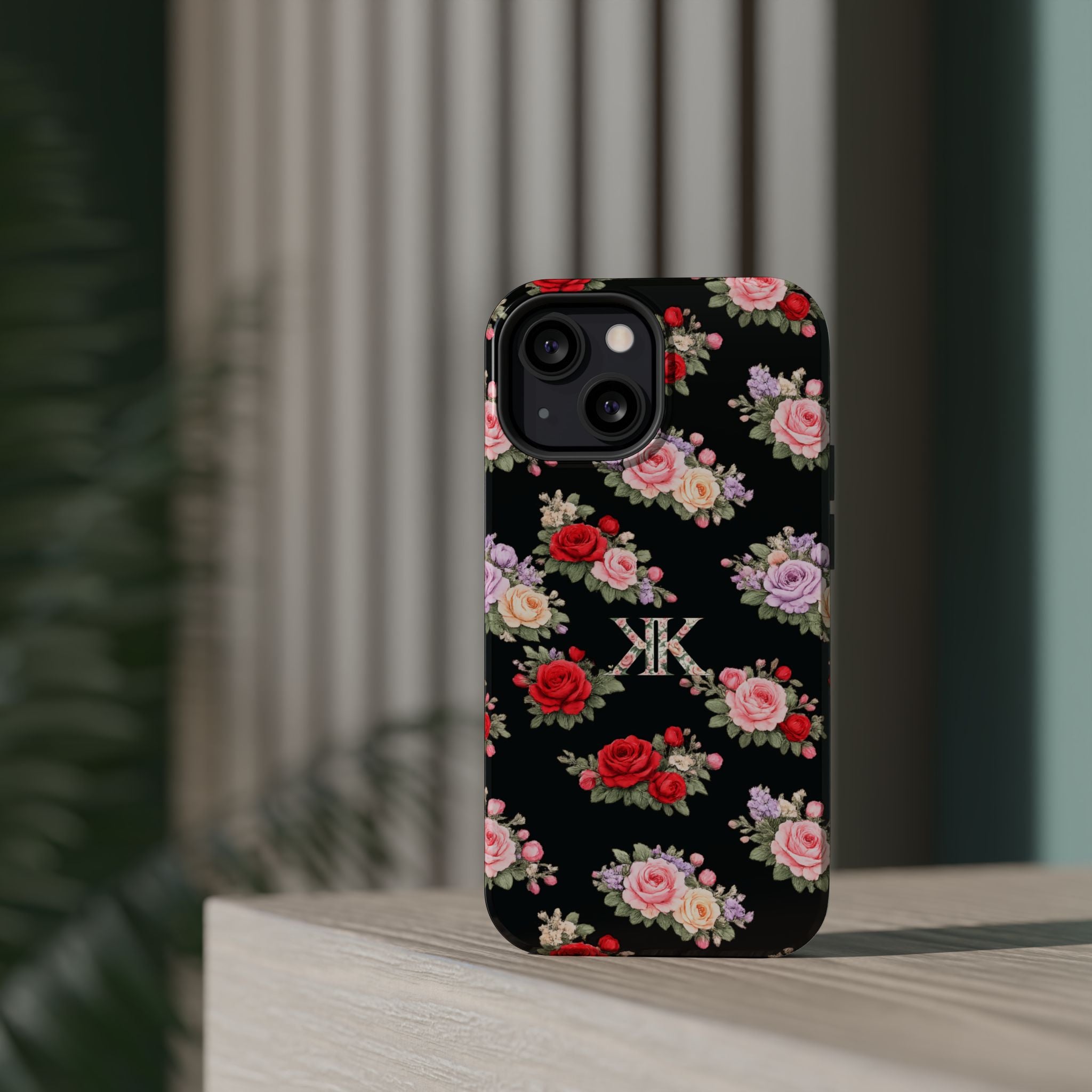 Anthos Collection BLACK Vintage Floral Rose Pattern Magnetic Impact-Resistant Phone Case