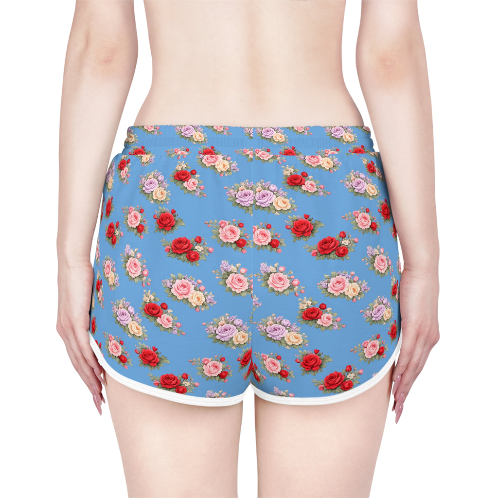 Anthos Collection Light Blue Floral Stretch Women's Relaxed Shorts — Vintage Pink & Red Rose All-Over Print