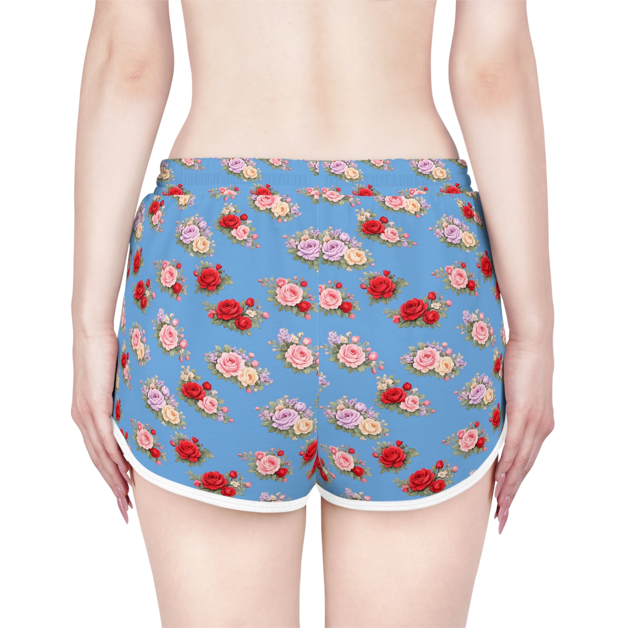 Anthos Collection Light Blue Floral Stretch Women's Relaxed Shorts — Vintage Pink & Red Rose All-Over Print