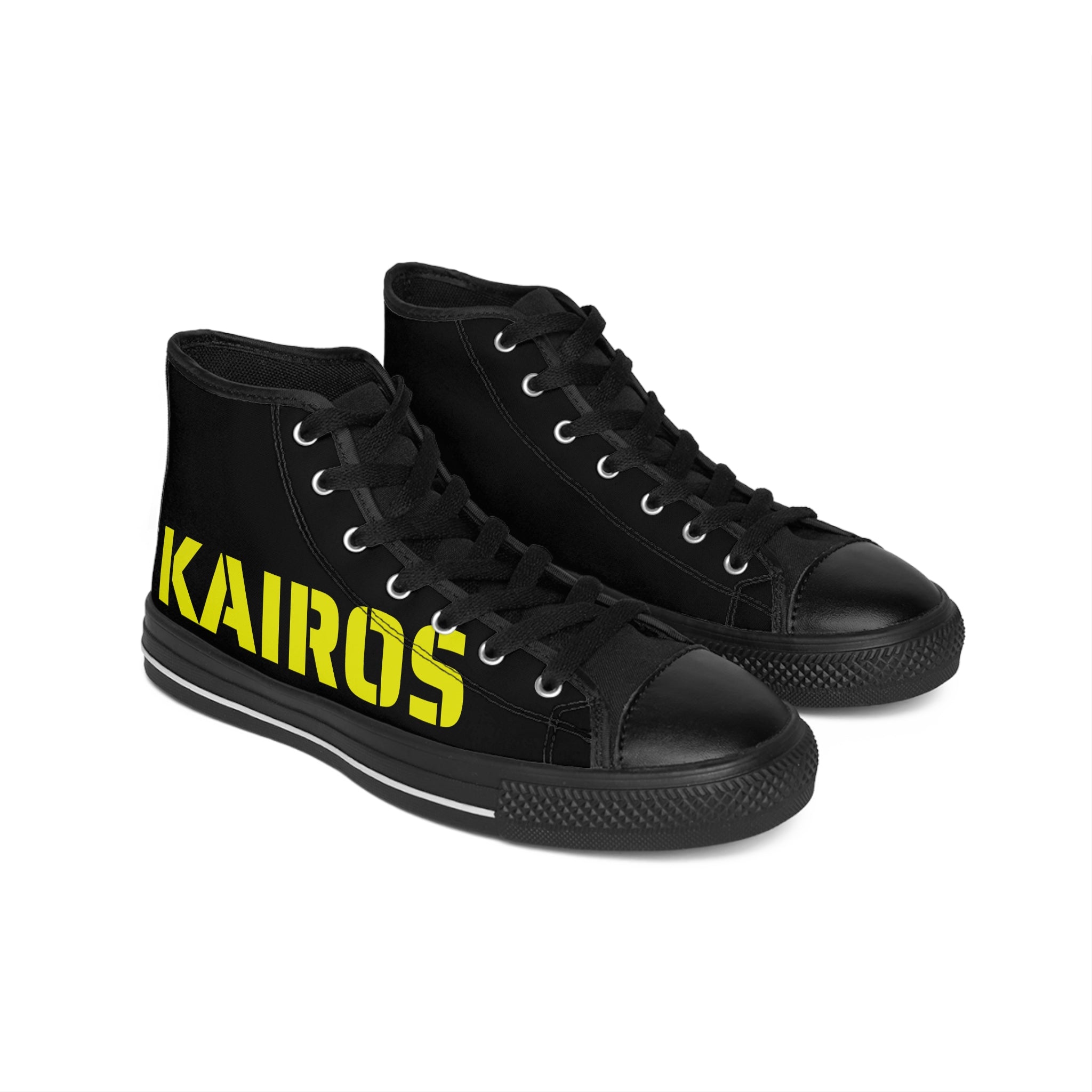 Kairos Kosmos BLACK High-Top Sneakers — Bold Yellow Logo Canvas Shoes