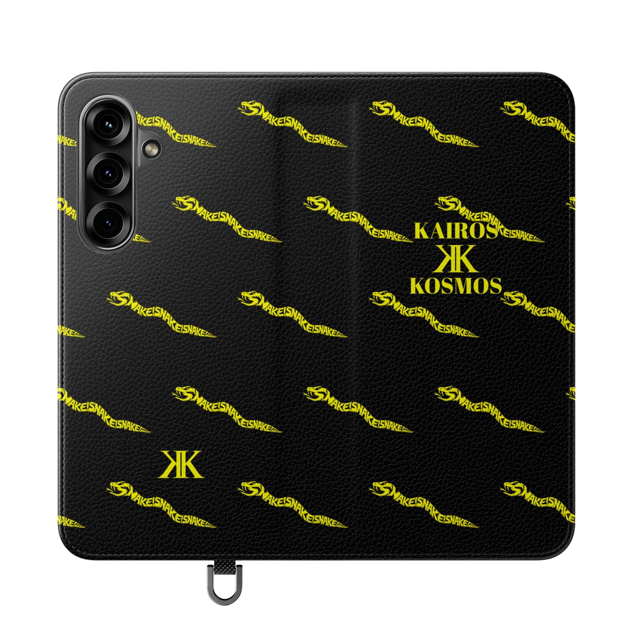 Aspis Collection Flip Case Phone Wallet — Black & Gold Kairos Kosmos Pattern