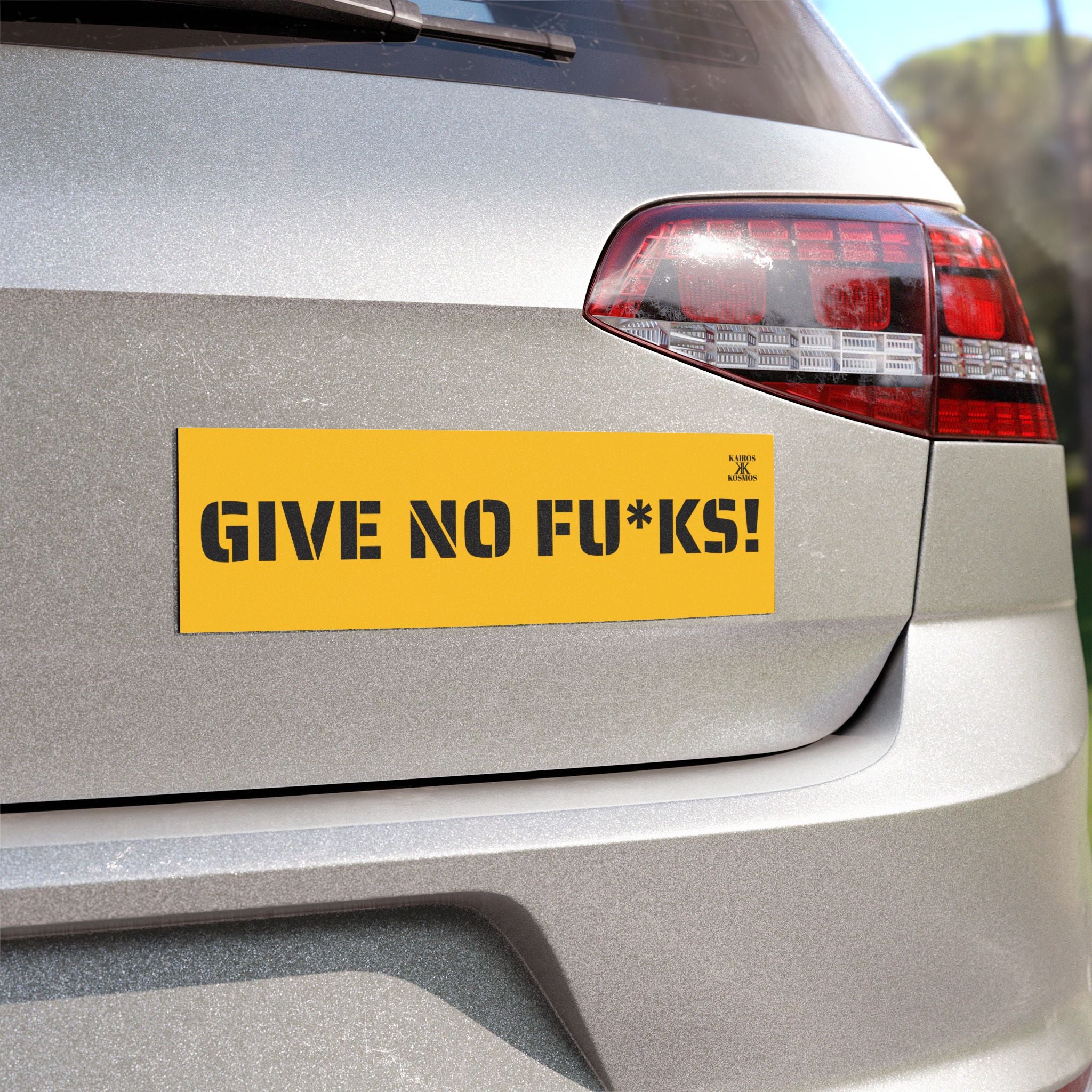 Kairos Kosmos Car Magnet Yellow — "GIVE NO FU*KS!" Bold Black Vinyl Décor