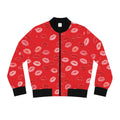 Psyche Collection RED, Kiss Print Uni-Sex Bomber Jacket —  Lipstick Kisses Print