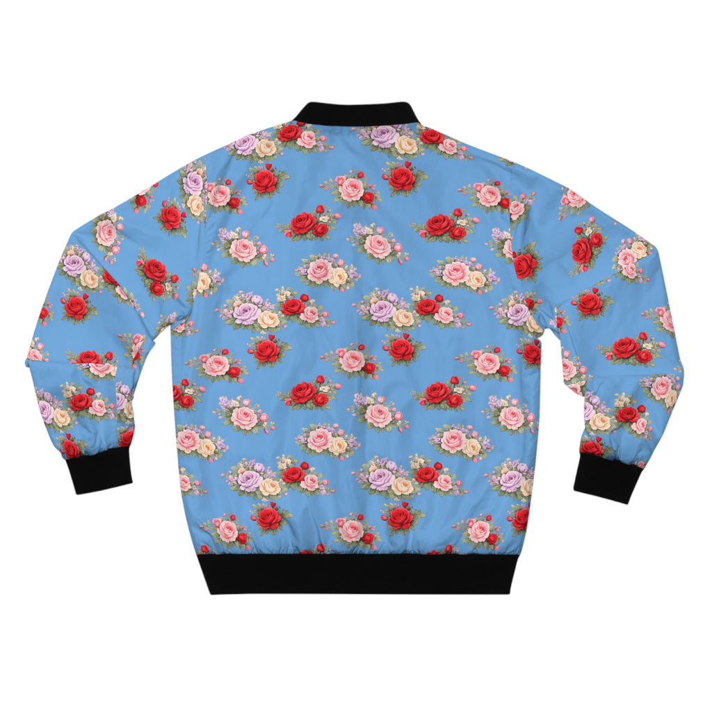 Anthos Collection Floral Rose Light Blue Bomber Jacket — Vintage Pink & Red All-Over Print