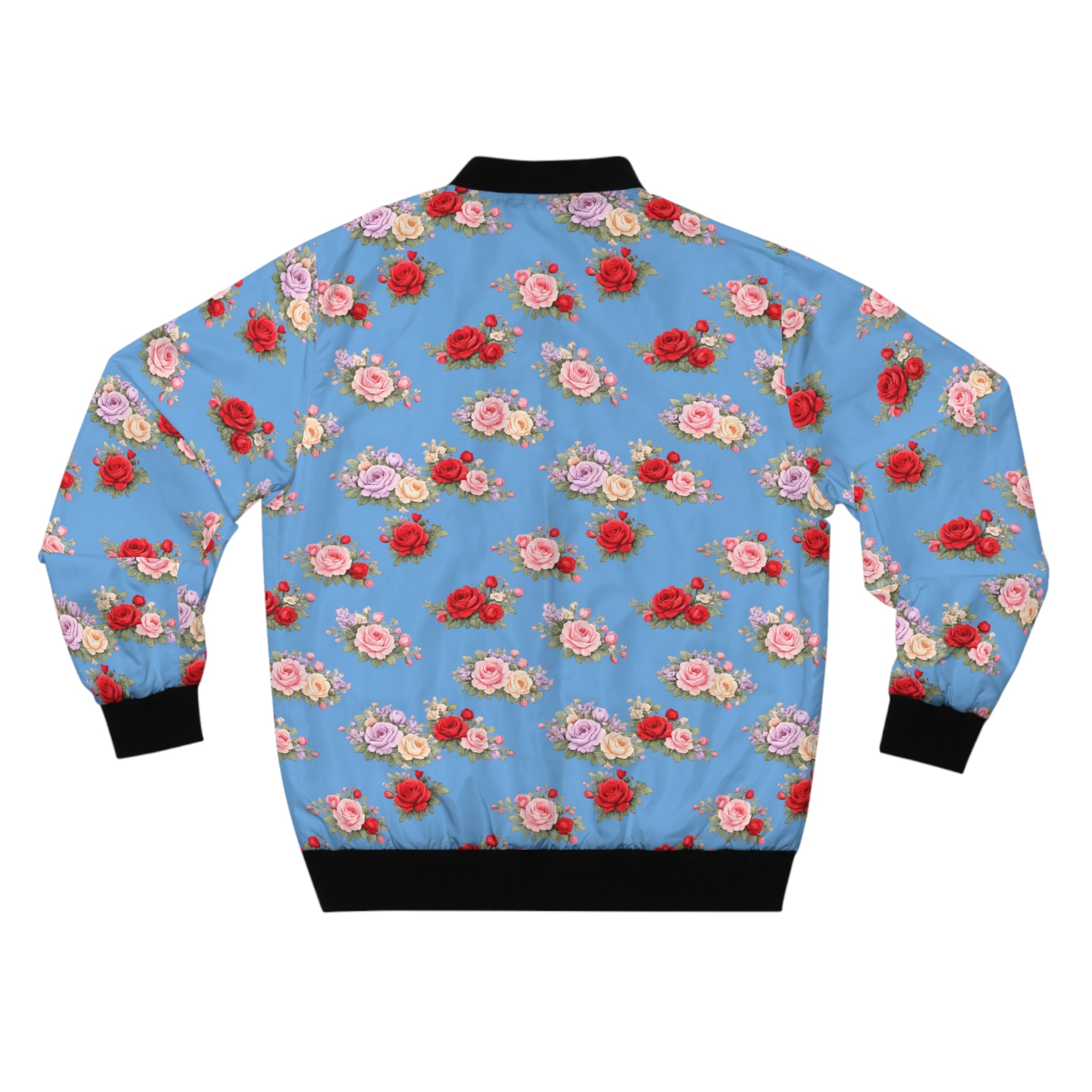 Anthos Collection Floral Rose Light Blue Bomber Jacket — Vintage Pink & Red All-Over Print