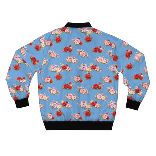 Anthos Collection Floral Rose Light Blue Bomber Jacket — Vintage Pink & Red All-Over Print
