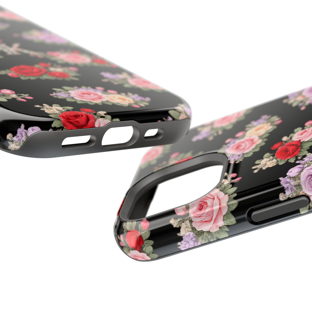 Anthos Collection BLACK Vintage Floral Rose Pattern Magnetic Impact-Resistant Phone Case