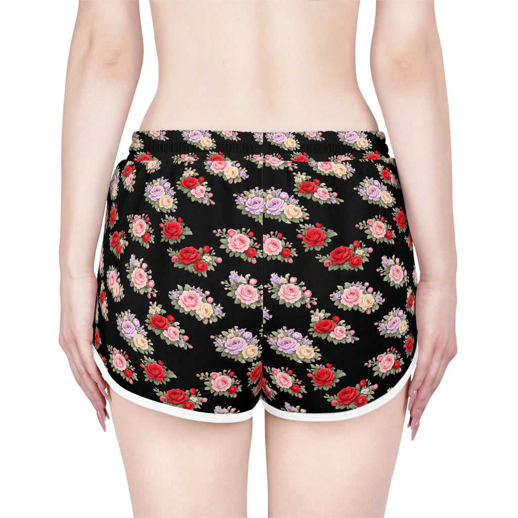 Anthos Collection BLACK Floral Stretch Women's Relaxed Shorts — Vintage Pink & Red Rose All-Over Print