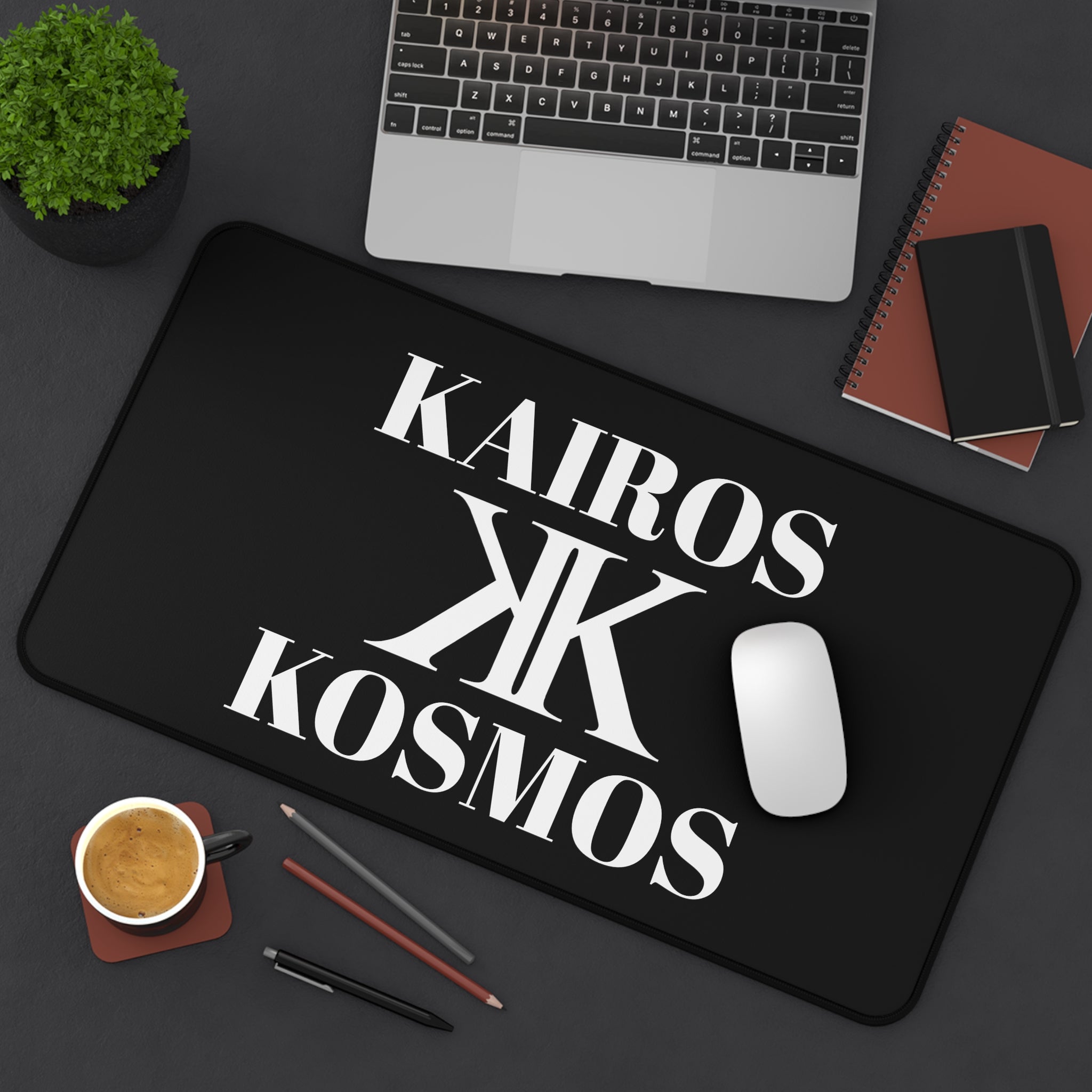 Desk Mat BLACK — Minimalist 'KAIROS KOSMOS' Black & White Logo Desk Mat