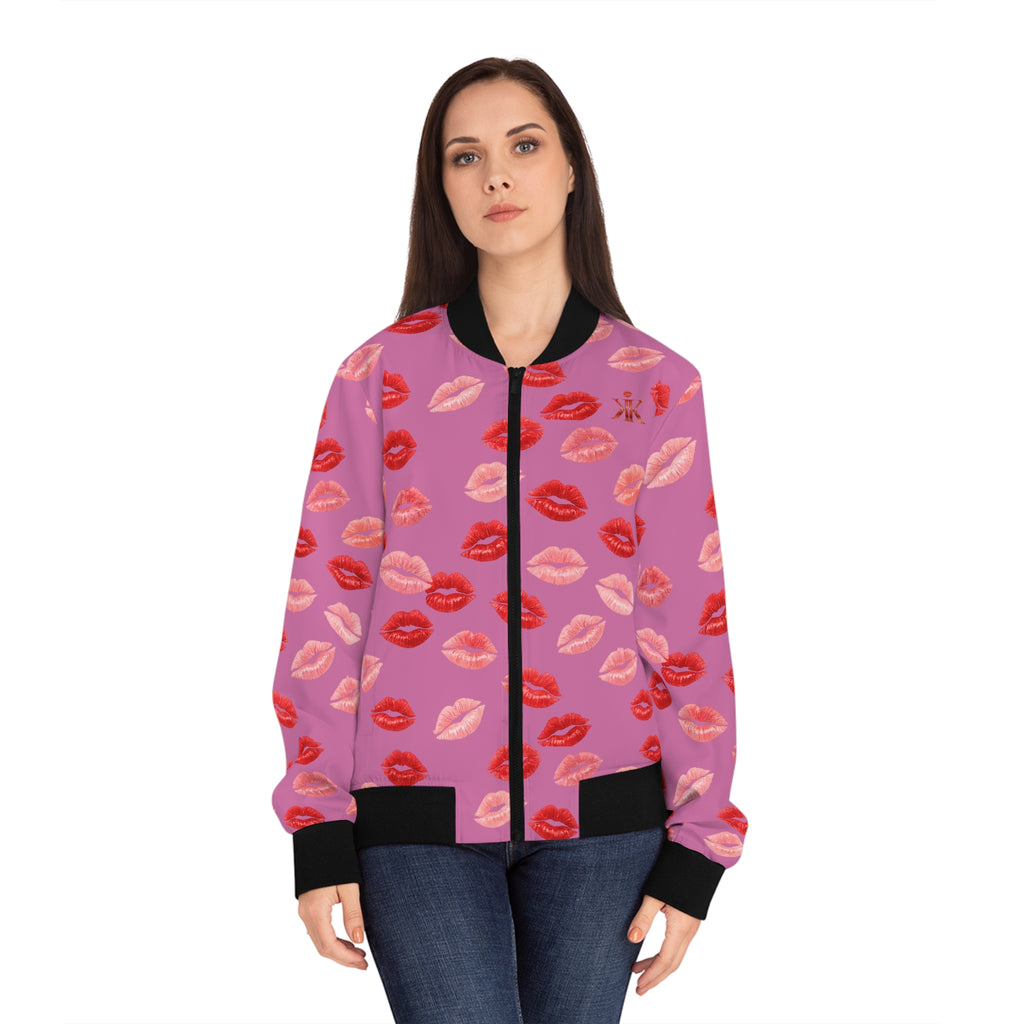 Psyche Collection Light Pink, Kiss Print Uni-Sex Bomber Jacket —  Lipstick Kisses Print