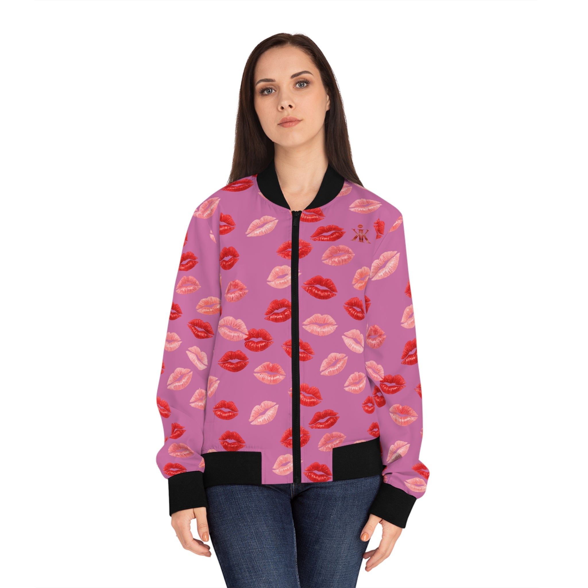 Psyche Collection Light Pink, Kiss Print Uni-Sex Bomber Jacket —  Lipstick Kisses Print