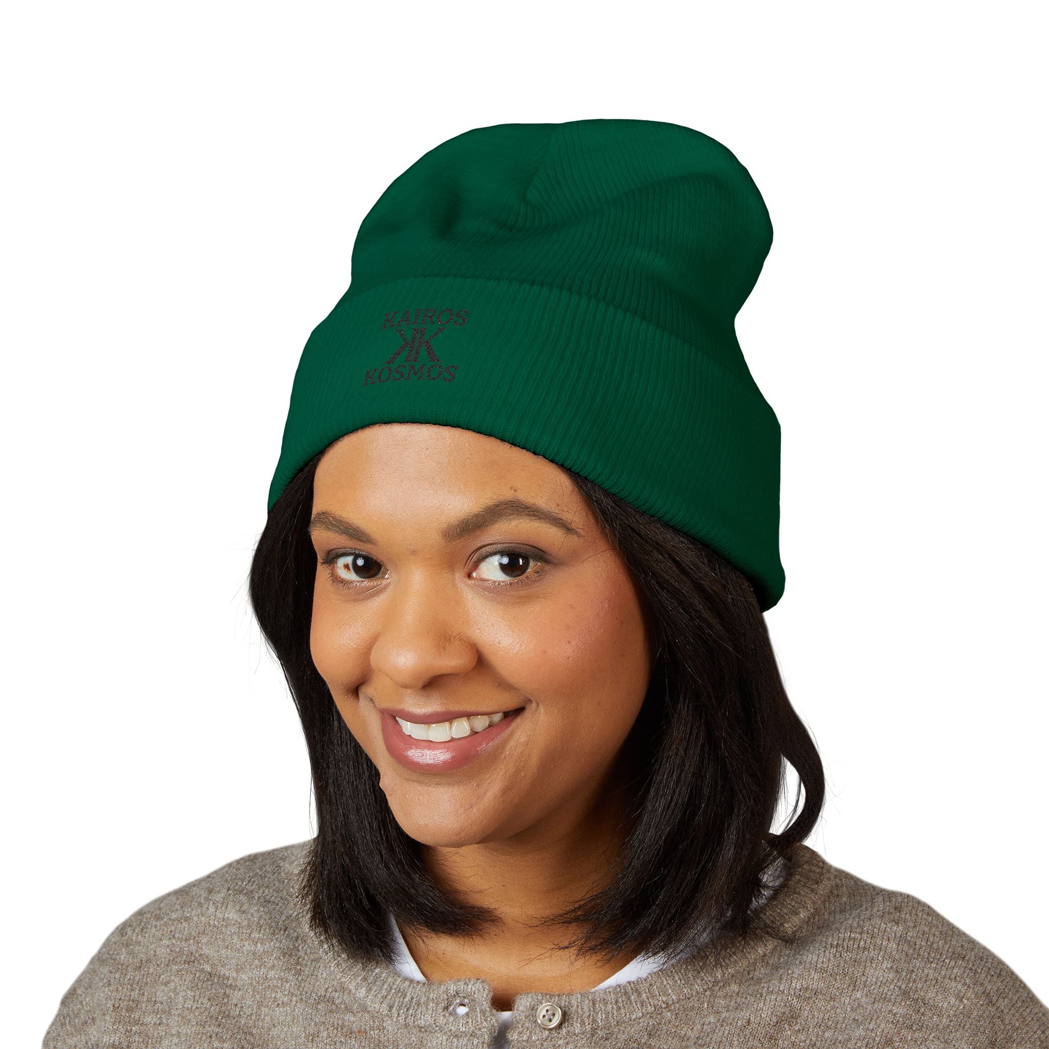 Kairos Kosmos Embroidered Cuffed Beanie — Minimal Logo Knit Hat