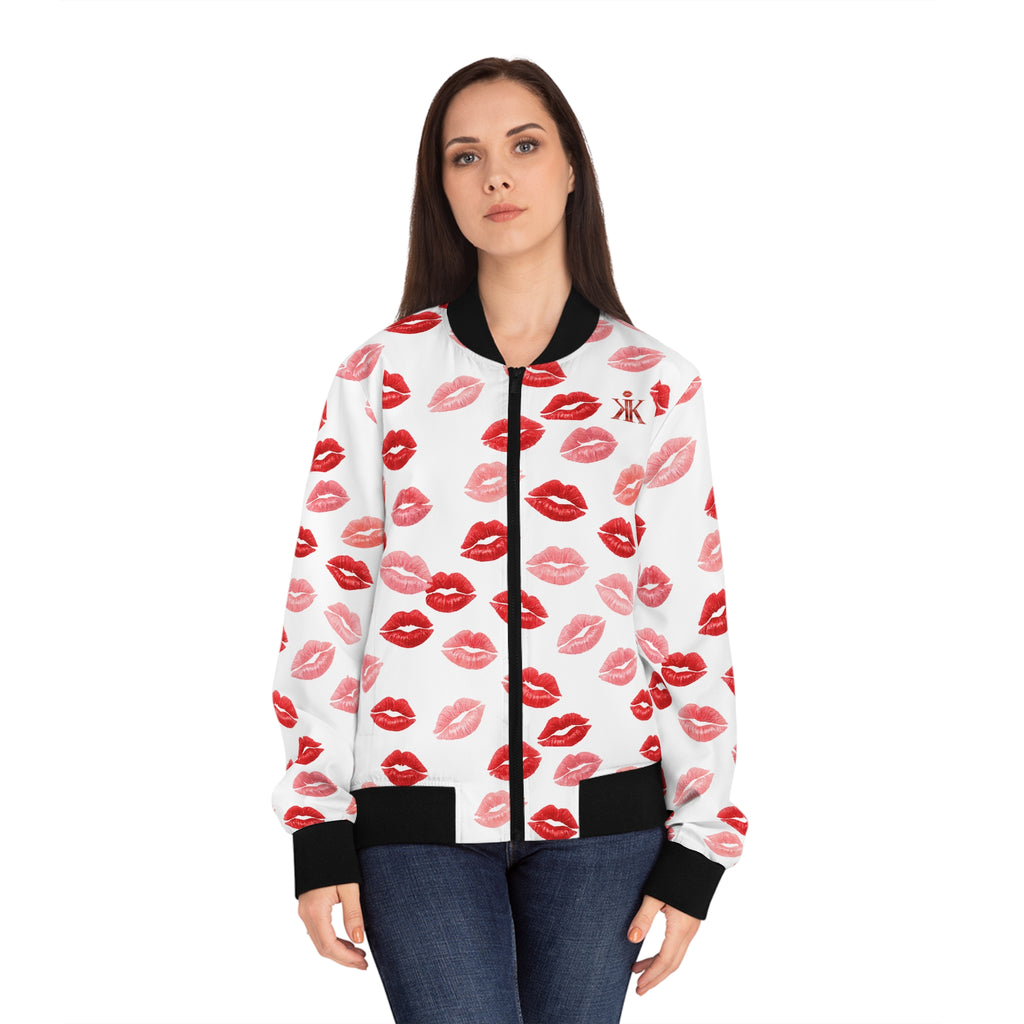 Psyche Collection White, Kiss Print Uni-Sex Bomber Jacket —  Lipstick Kisses Print