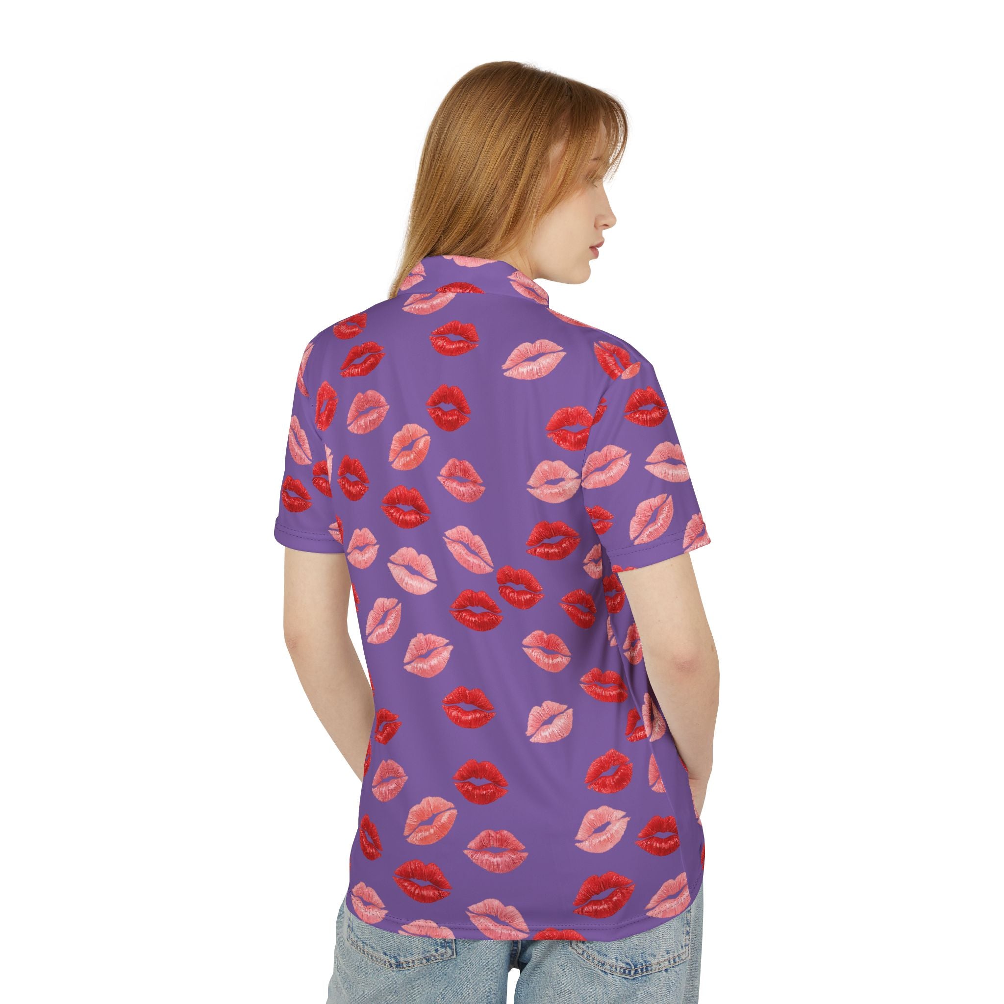 Psyche Collection Light Purple Kiss Print Polo Shirt — Allover Red Lip Pattern