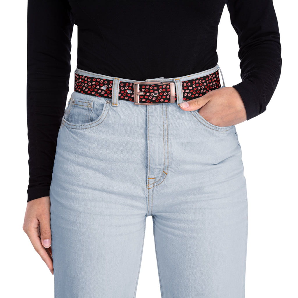 Psyche Collection Women's BLACK, Pink And Red Lip Print Belt – Cute Kiss Pattern Fashion Belt