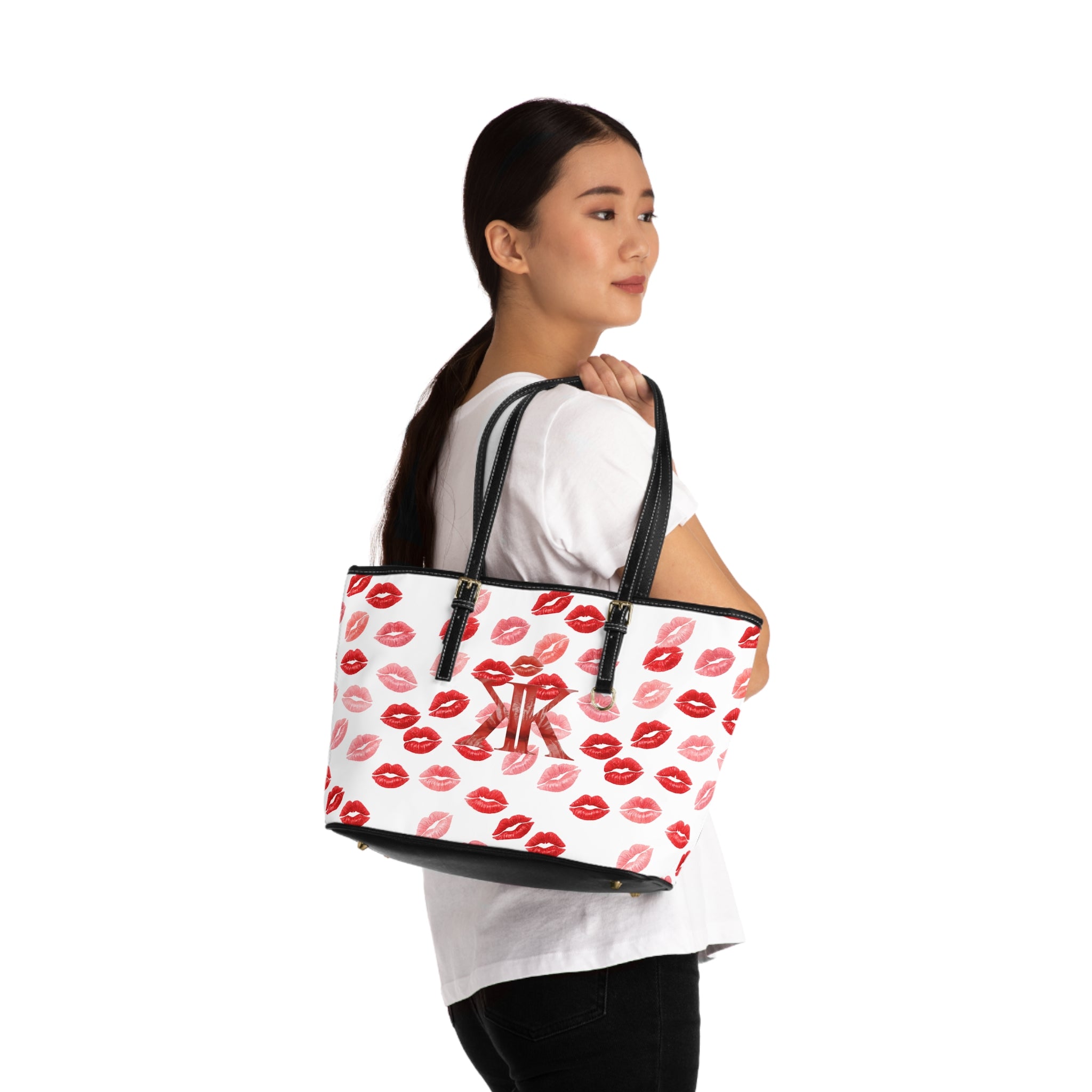 Psyche Collection White Kiss Print PU Leather Shoulder Bag – Red Lipstick Pattern