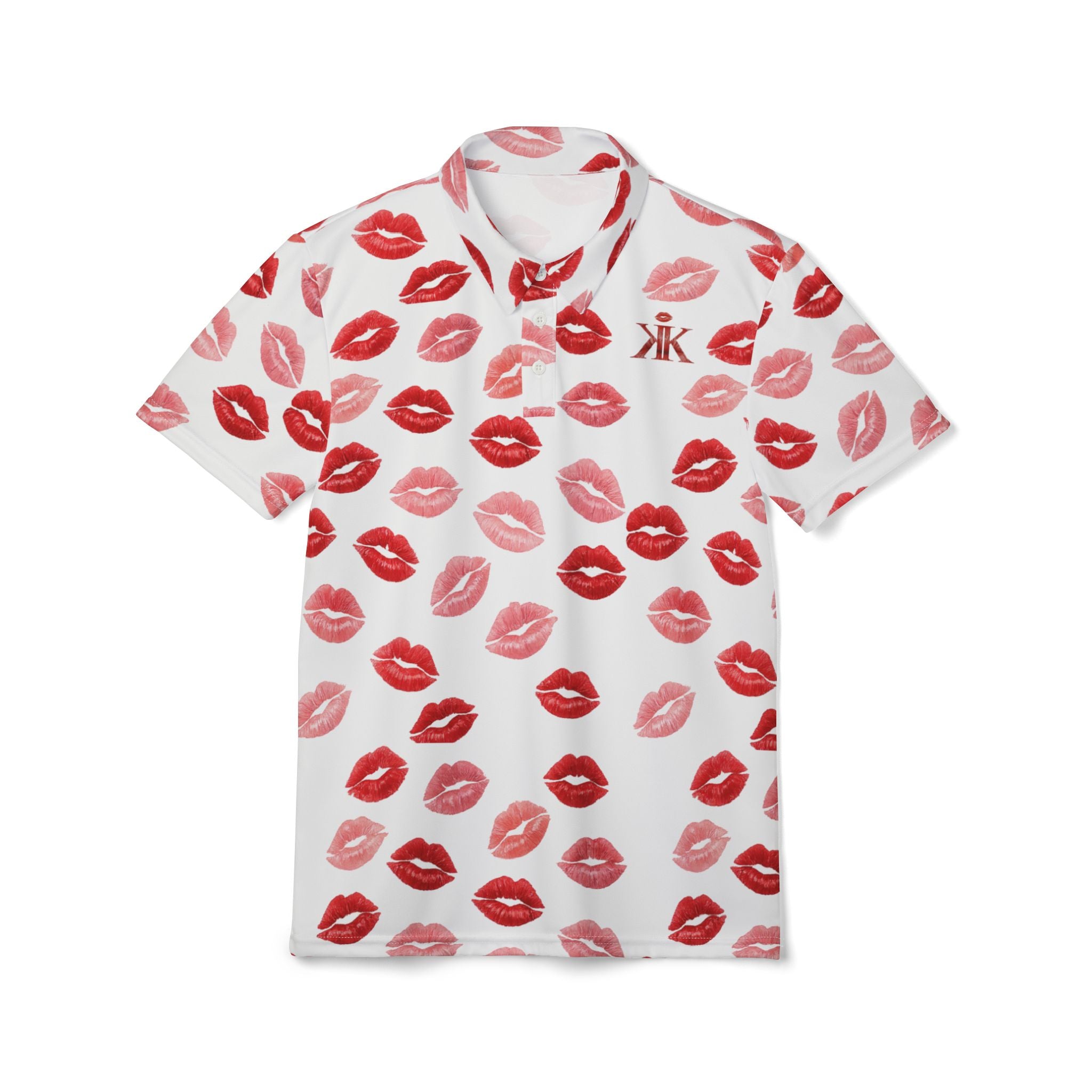 Psyche Collection White Kiss Print Polo Shirt — Allover Red Lip Pattern