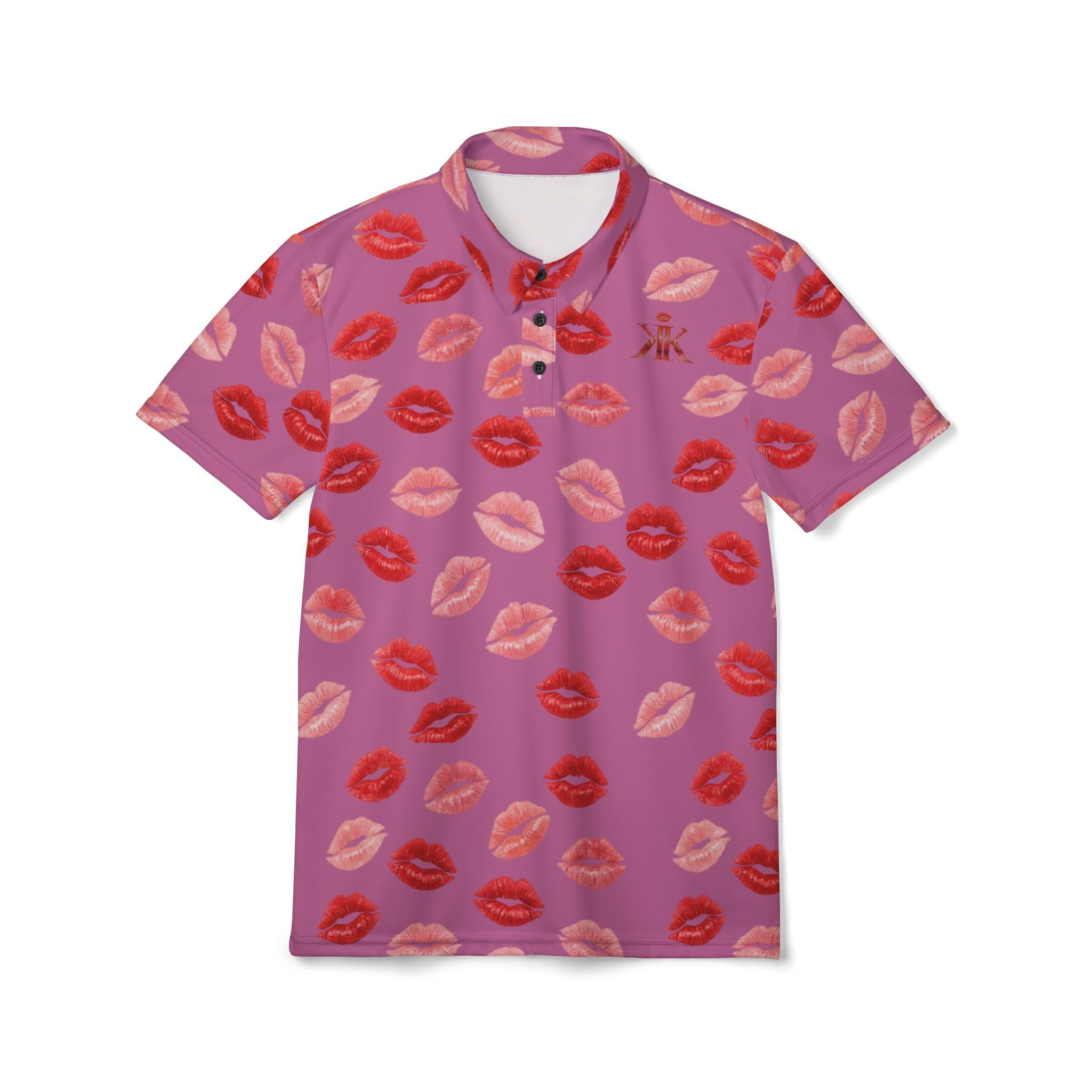 Psyche Collection Light Pink Kiss Print Polo Shirt — Allover Red Lip Pattern