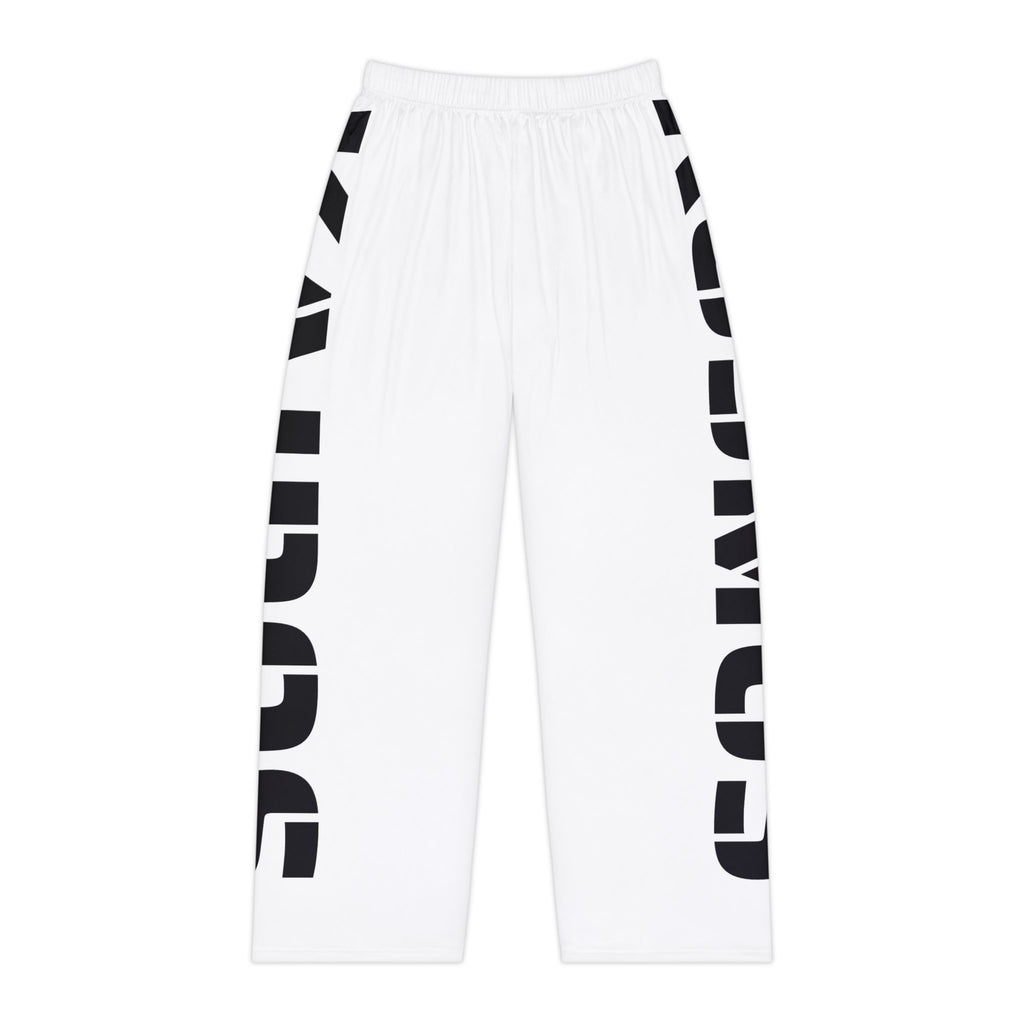 Side-Print Pajama Pants — Black Lettering on White Lounge Trousers