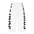 Side-Print Pajama Pants — Black Lettering on White Lounge Trousers