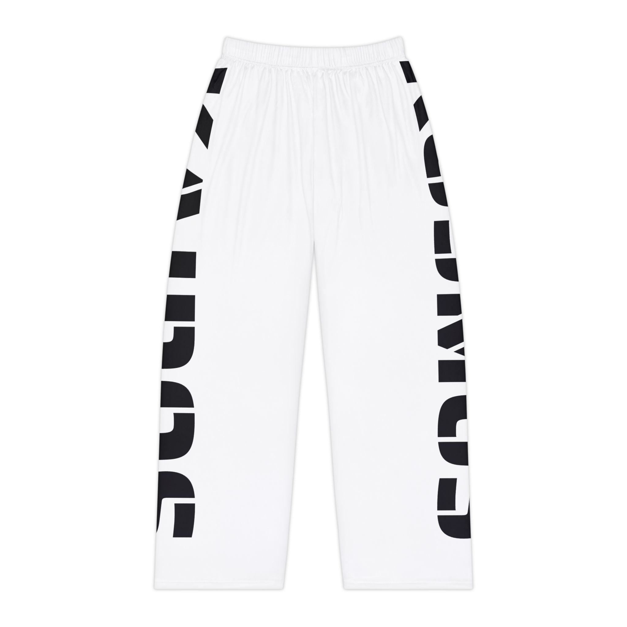 Side-Print Pajama Pants — Black Lettering on White Lounge Trousers