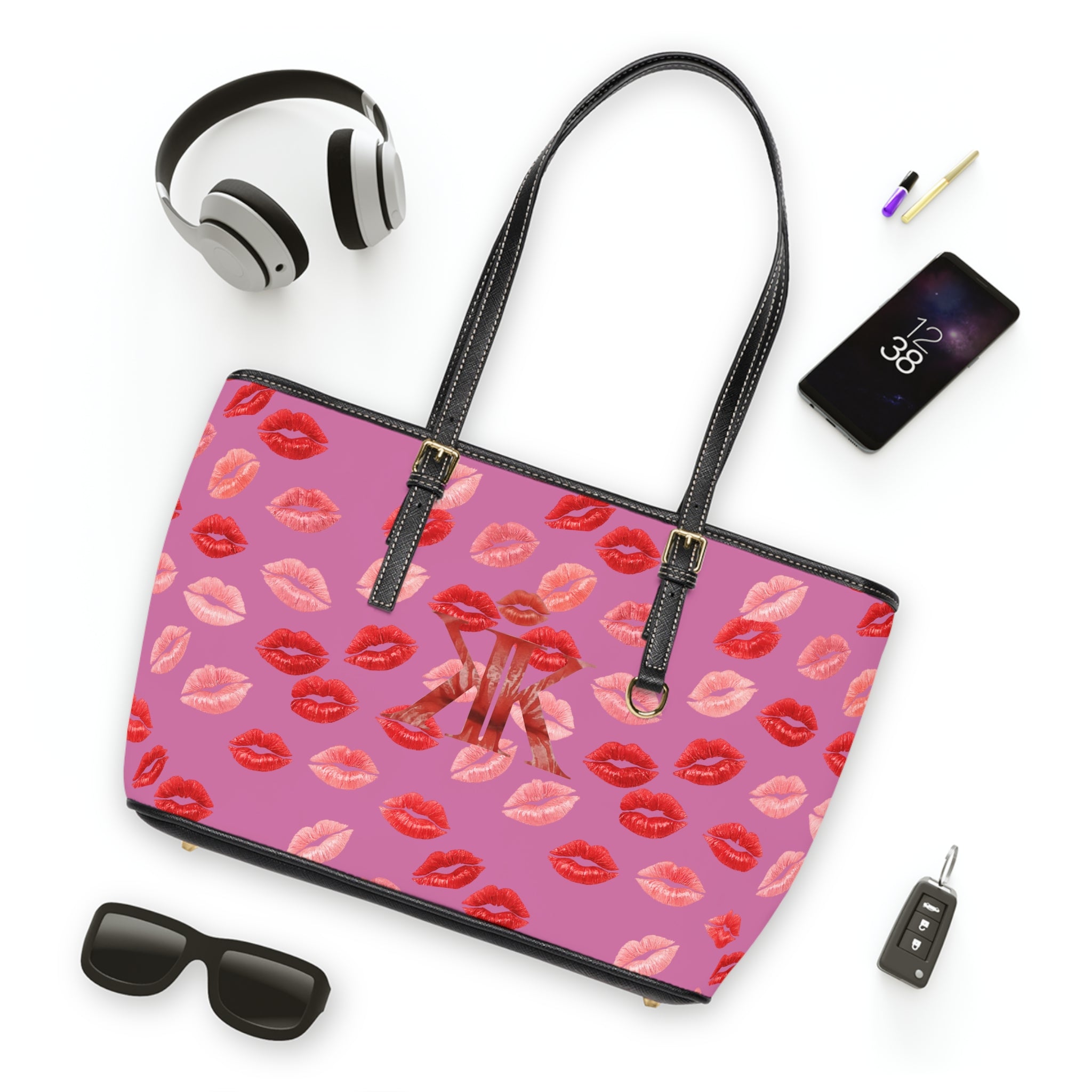Psyche Collection Light Pink Kiss Print PU Leather Shoulder Bag – Red Lipstick Pattern