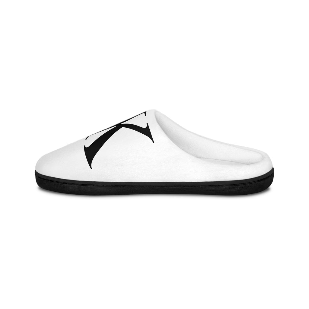 Men's White Indoor Slippers with Bold Black Monogram 'K' — Cozy House Shoes