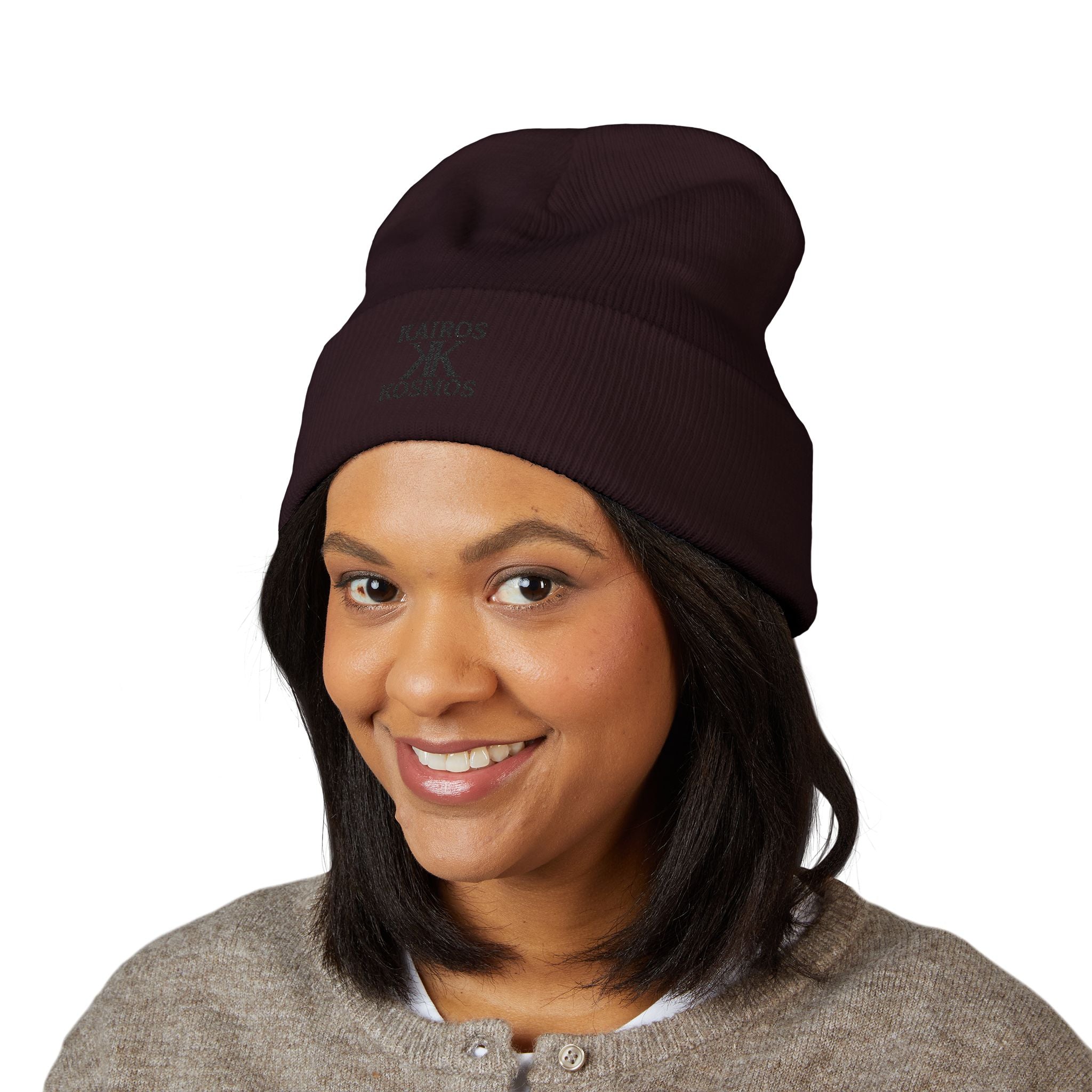 Kairos Kosmos Embroidered Cuffed Beanie — Minimal Logo Knit Hat