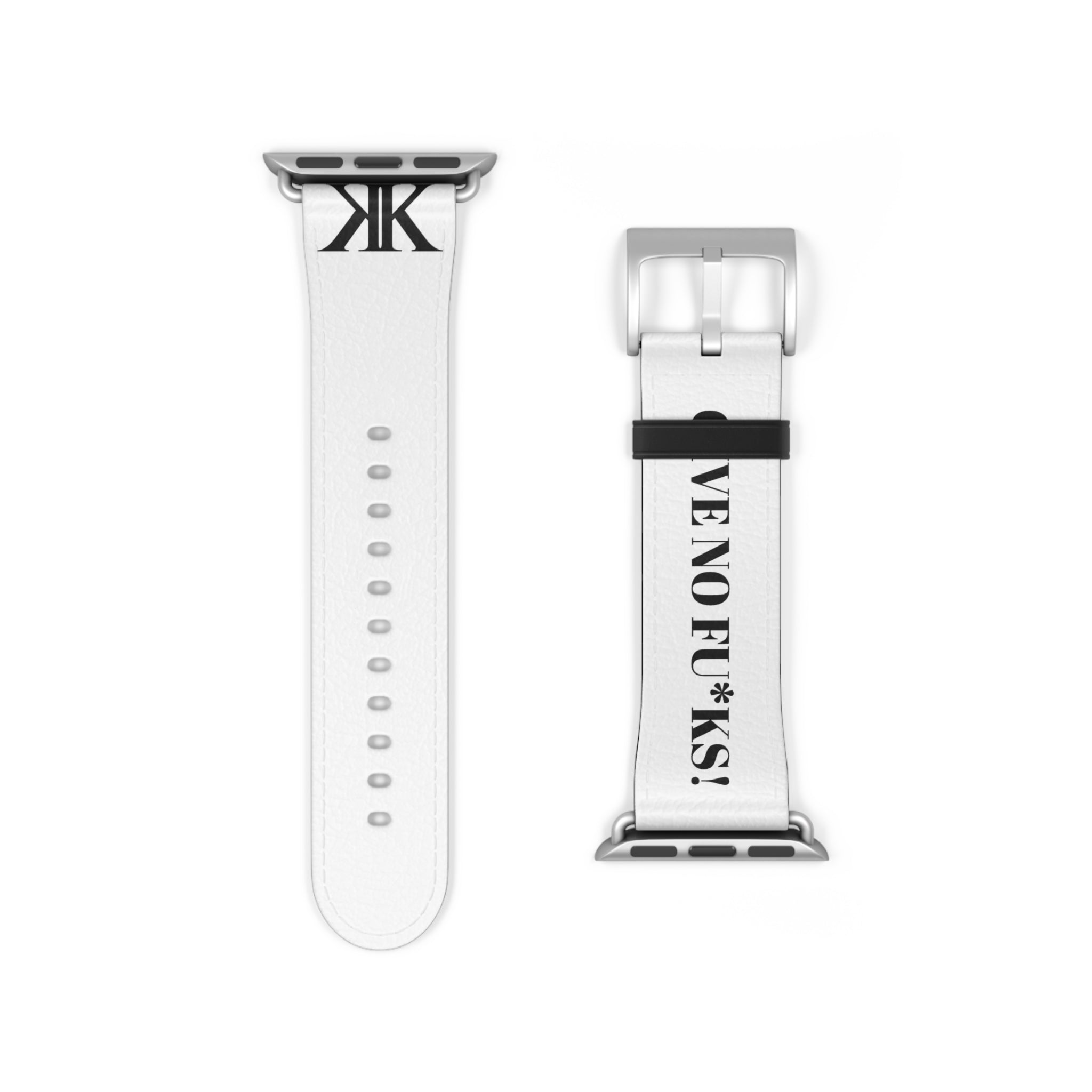 Watch Band — White Leather Strap with "GIVE NO FU*KS!" Text