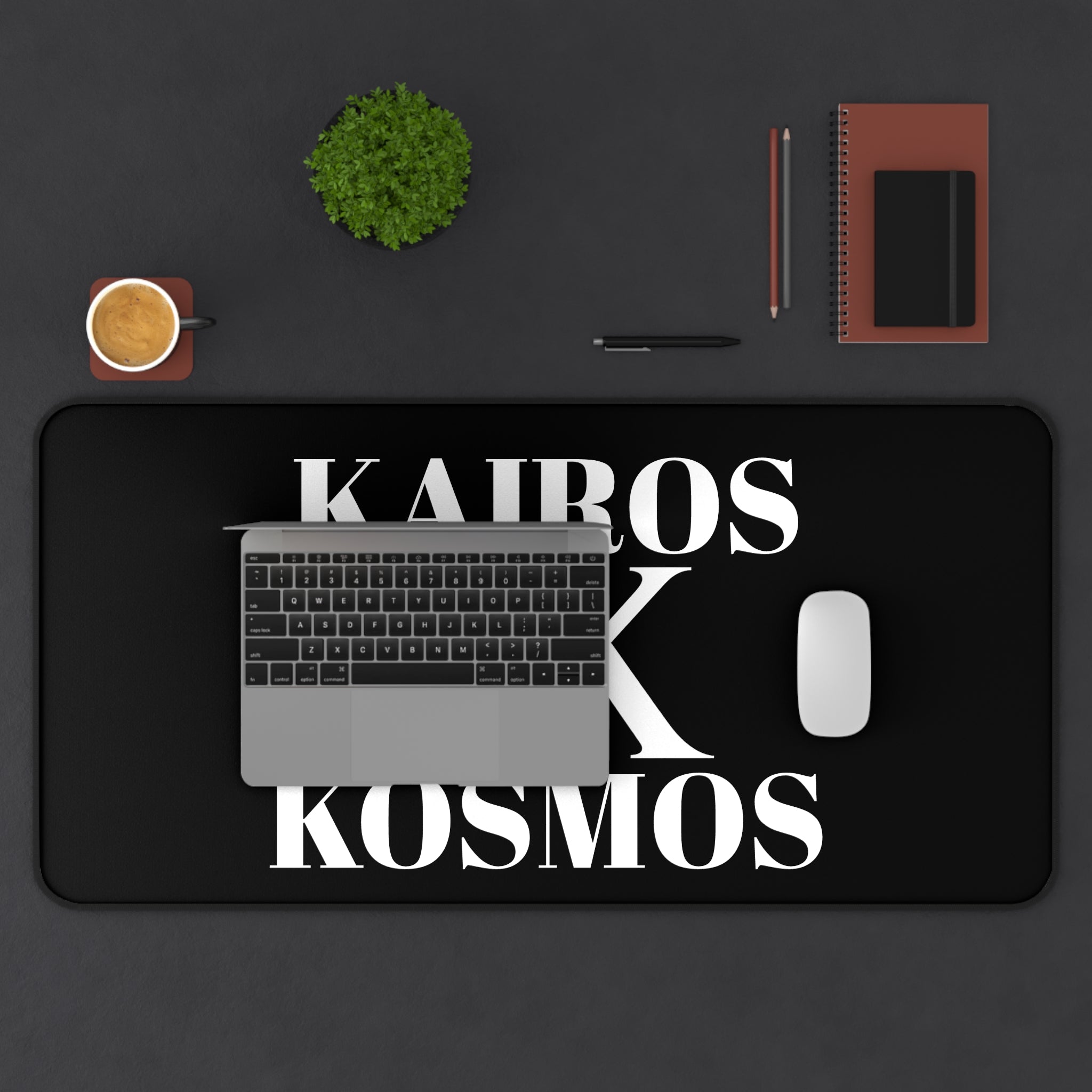 Desk Mat BLACK — Minimalist 'KAIROS KOSMOS' Black & White Logo Desk Mat