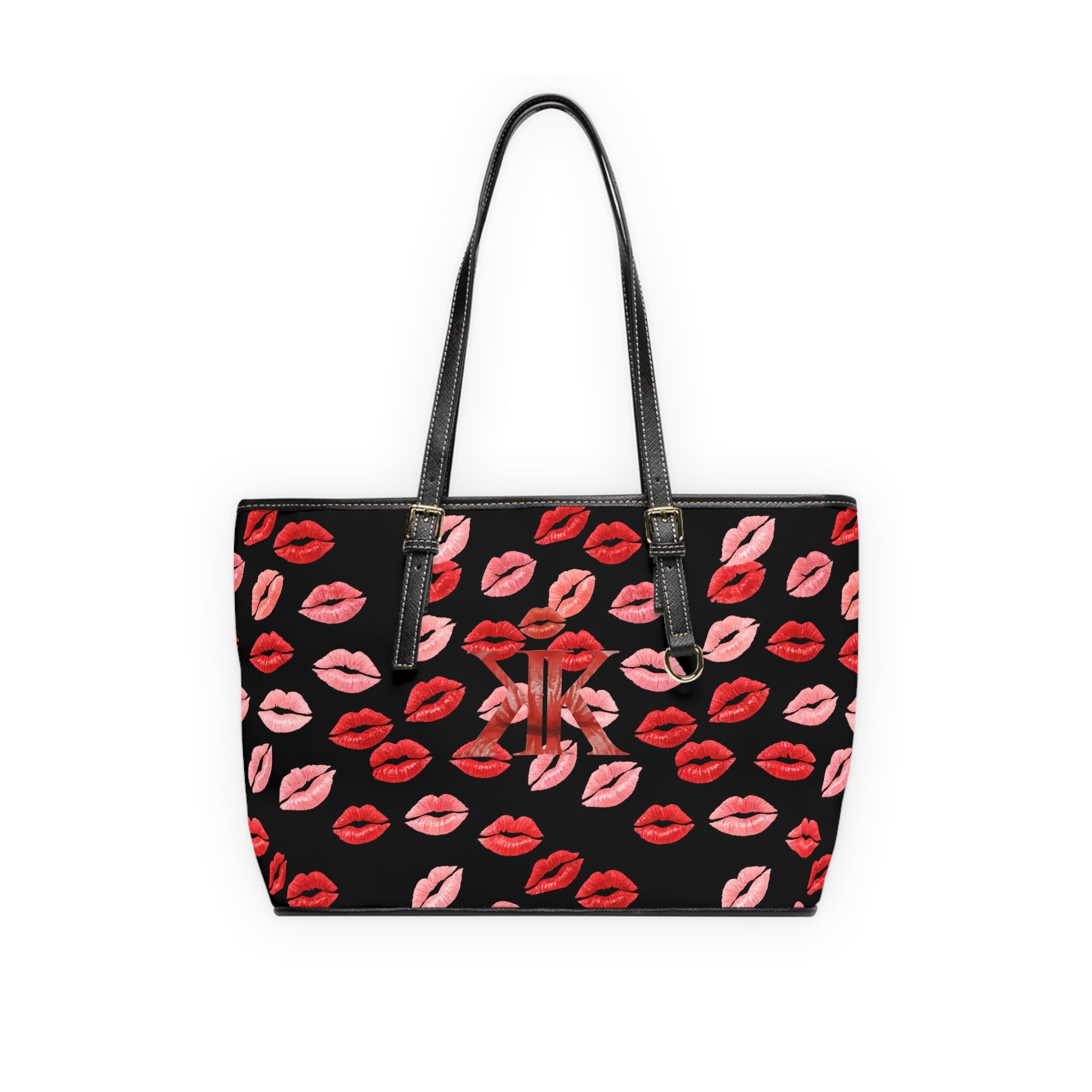 Psyche Collection BLACK Kiss Print PU Leather Shoulder Bag – Red Lipstick Pattern