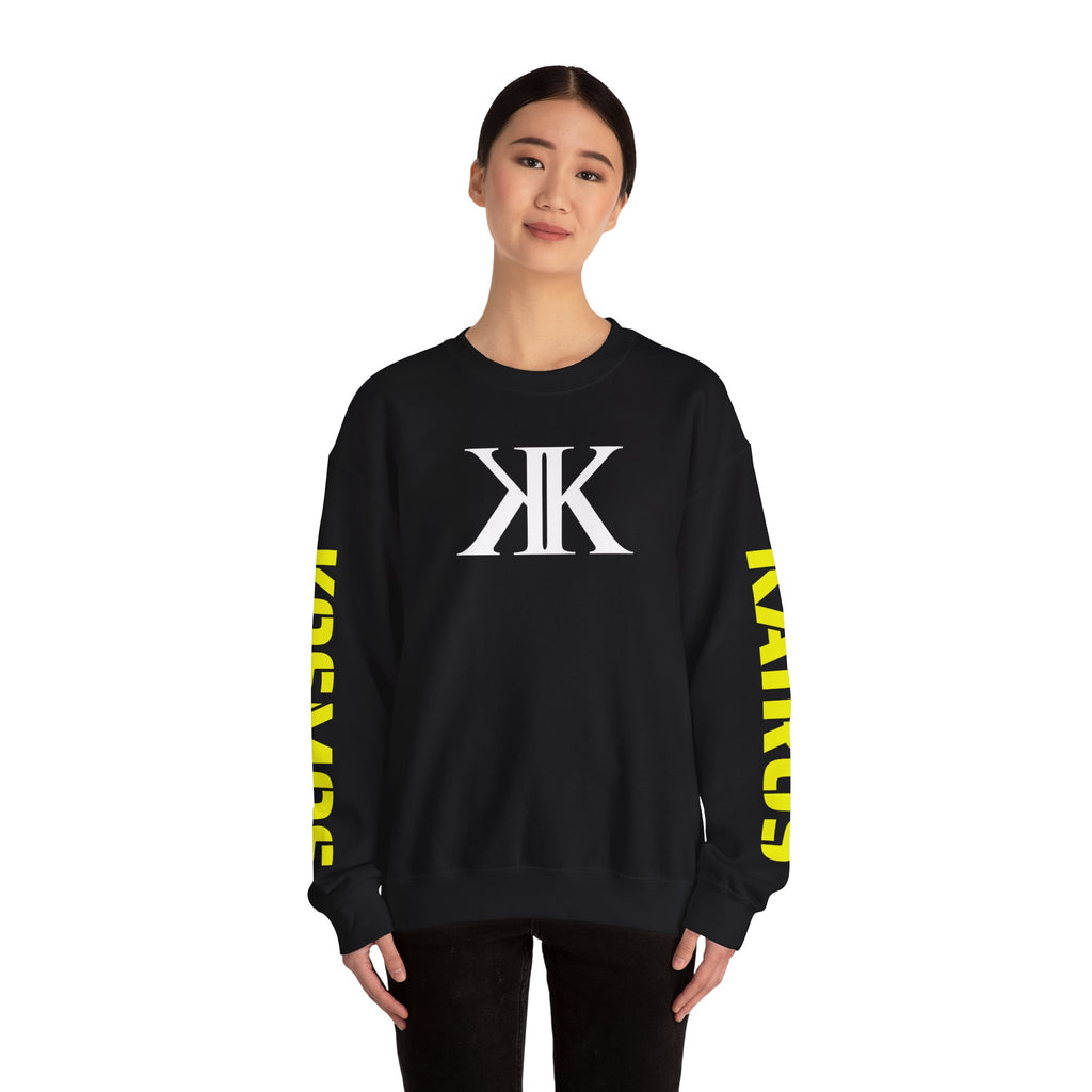 Crewneck Sweatshirt BLACK — Bold KK Logo with Sleeve Text (Kaurde / Kaurde)