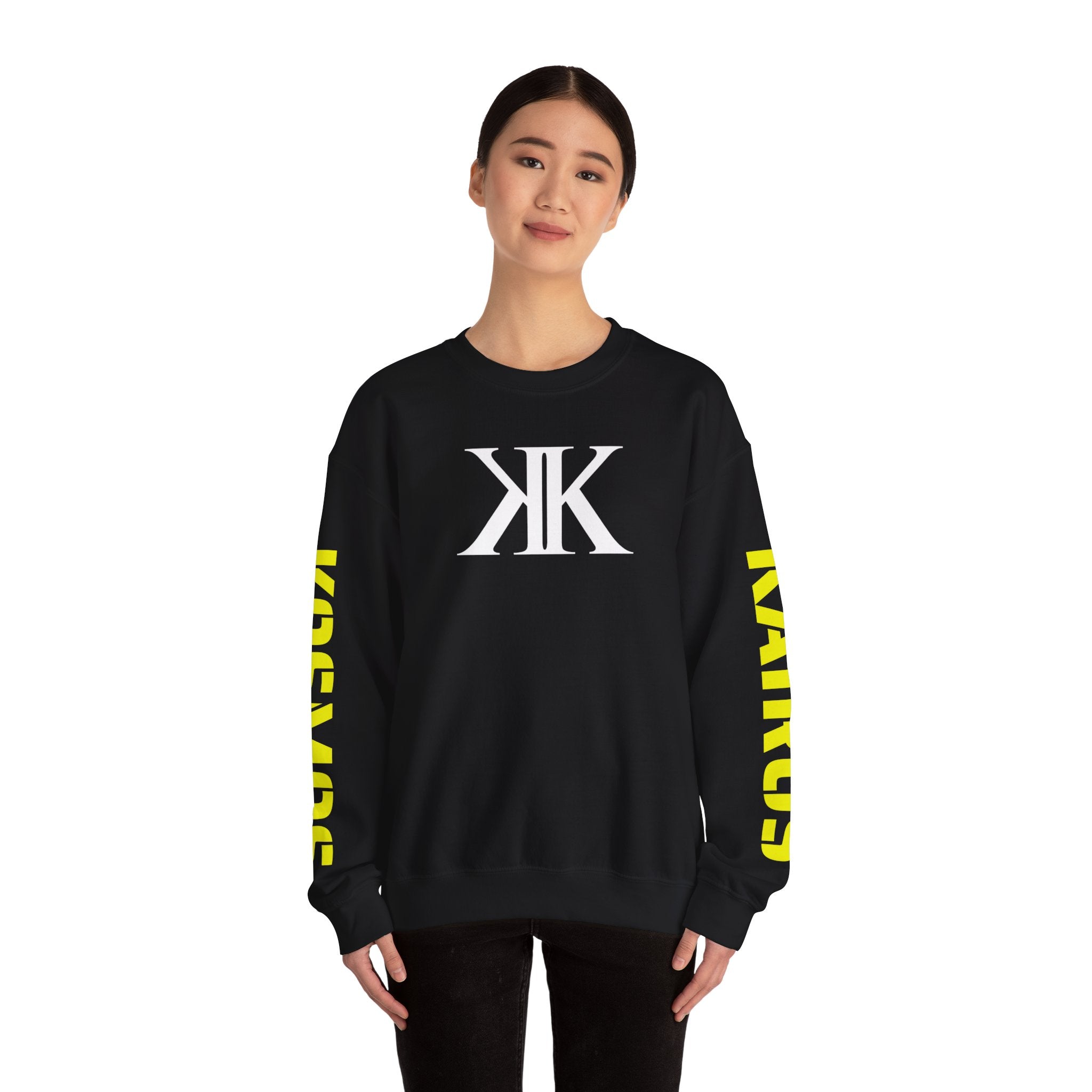 Crewneck Sweatshirt BLACK — Bold KK Logo with Sleeve Text (Kaurde / Kaurde)