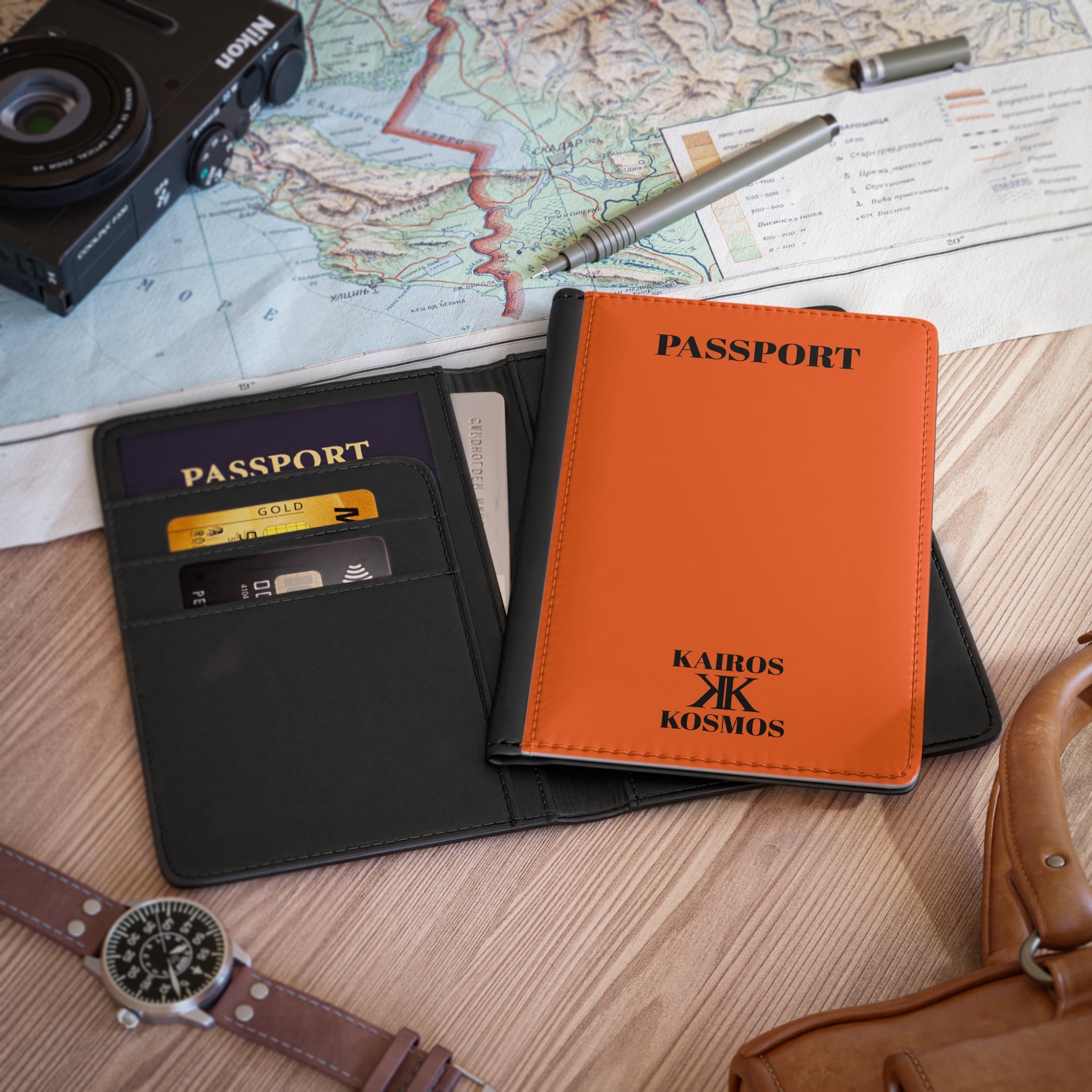 Passport Cover Orange - Minimal 'PASSPORT' Text with Kairos Kosmos Logo