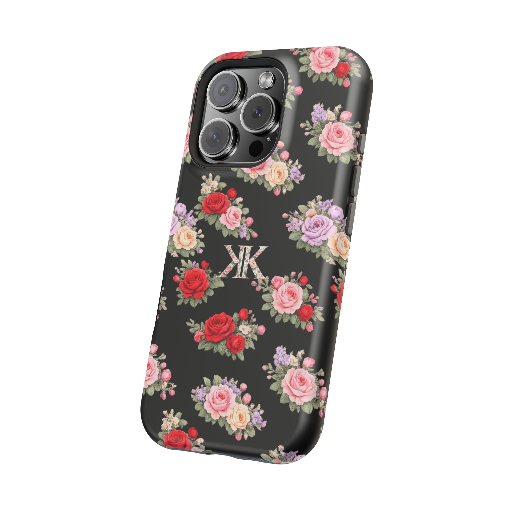 Anthos Collection BLACK Vintage Floral Rose Pattern Magnetic Impact-Resistant Phone Case