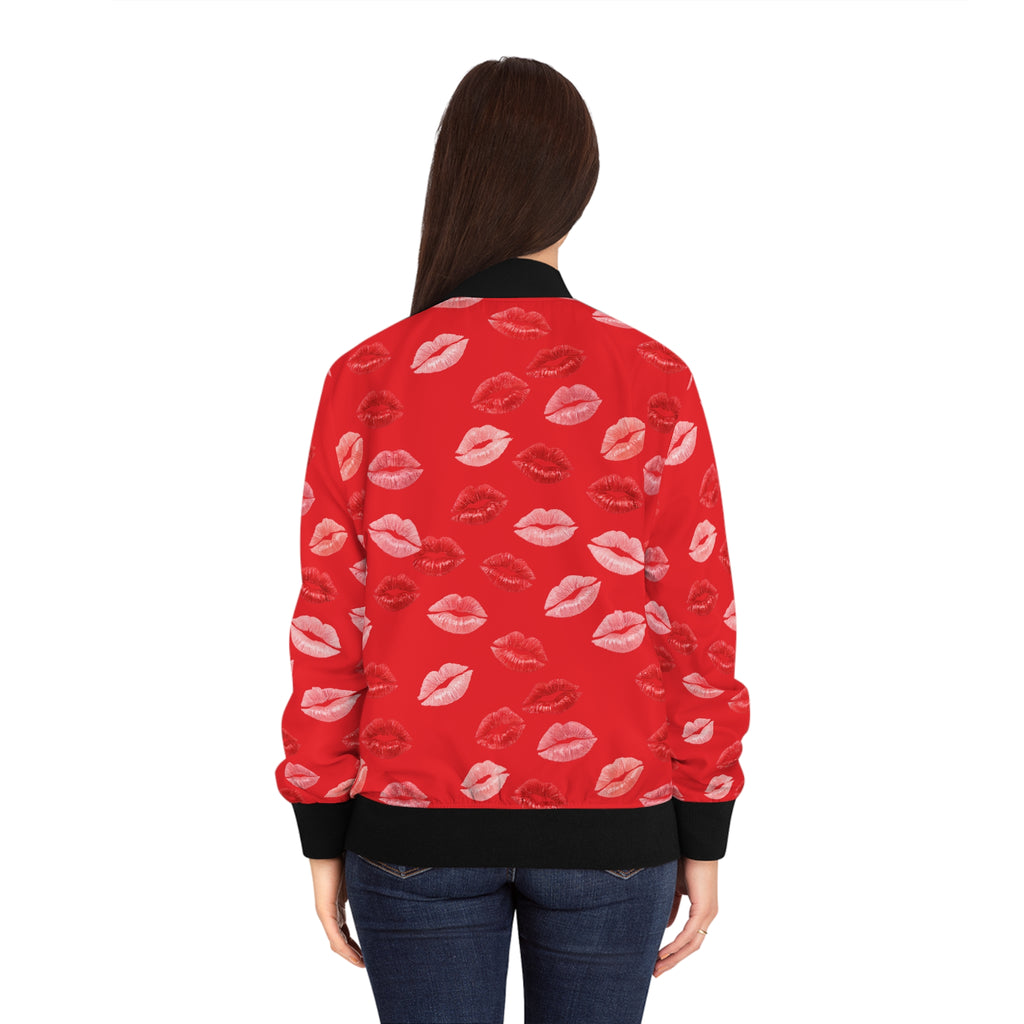 Psyche Collection RED, Kiss Print Uni-Sex Bomber Jacket —  Lipstick Kisses Print