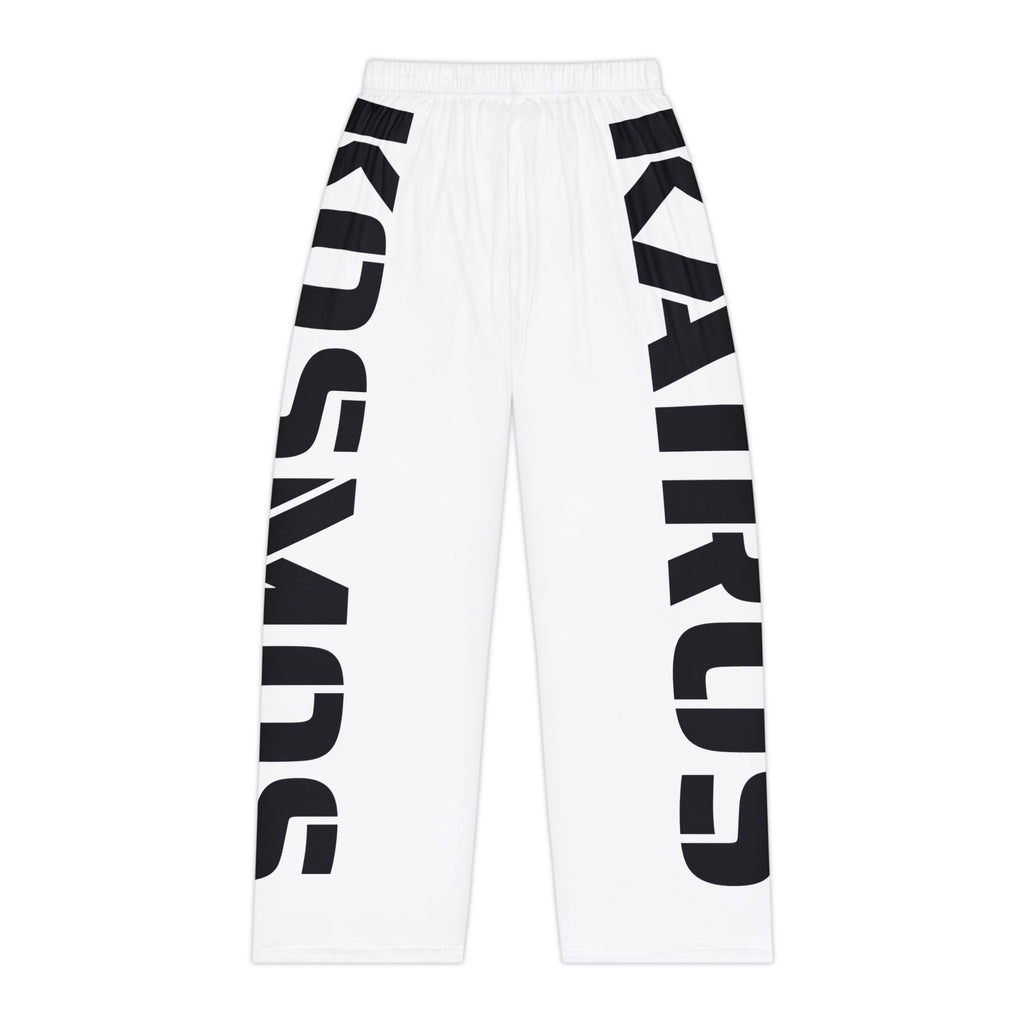 Side-Print Pajama Pants — Black Lettering on White Lounge Trousers