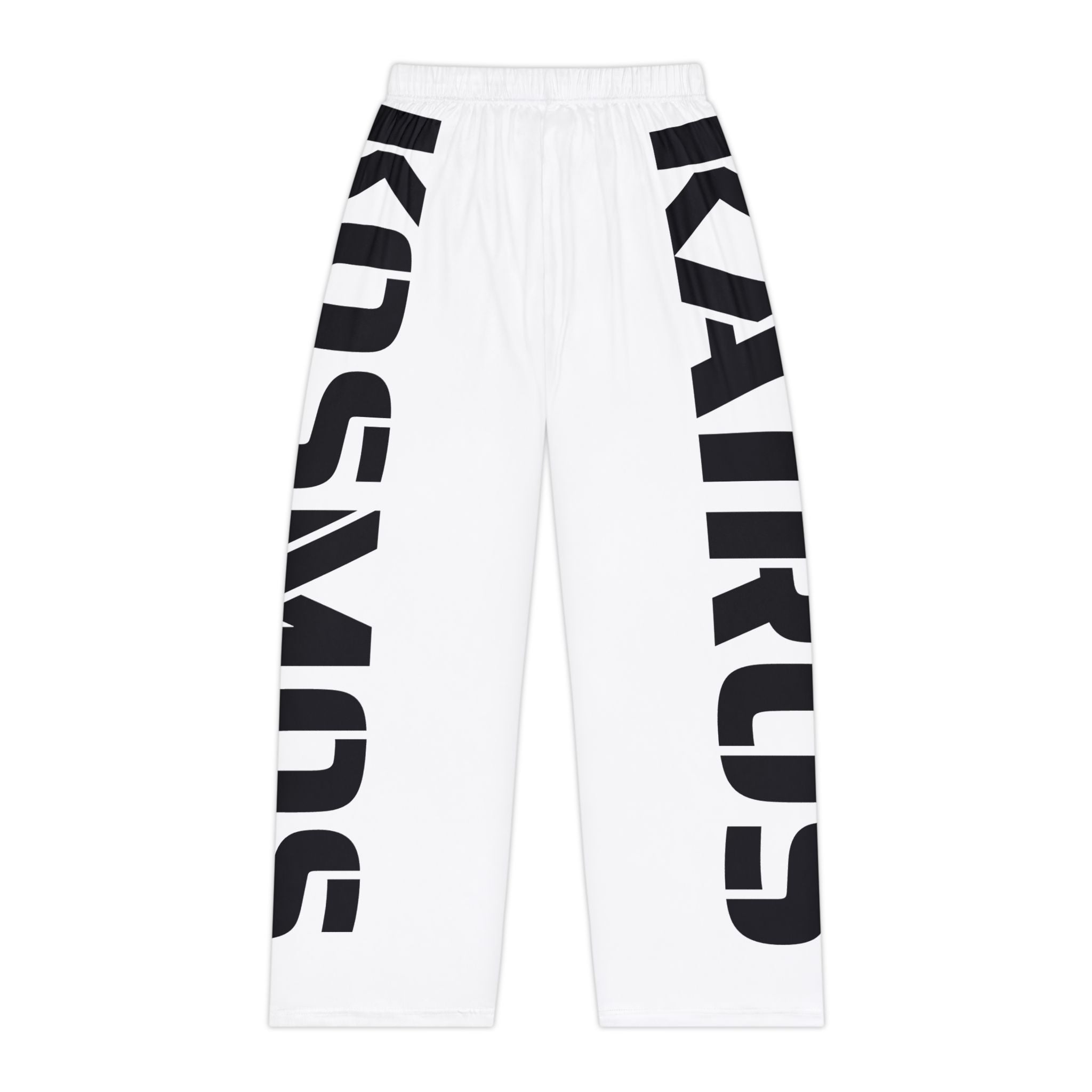 Side-Print Pajama Pants — Black Lettering on White Lounge Trousers