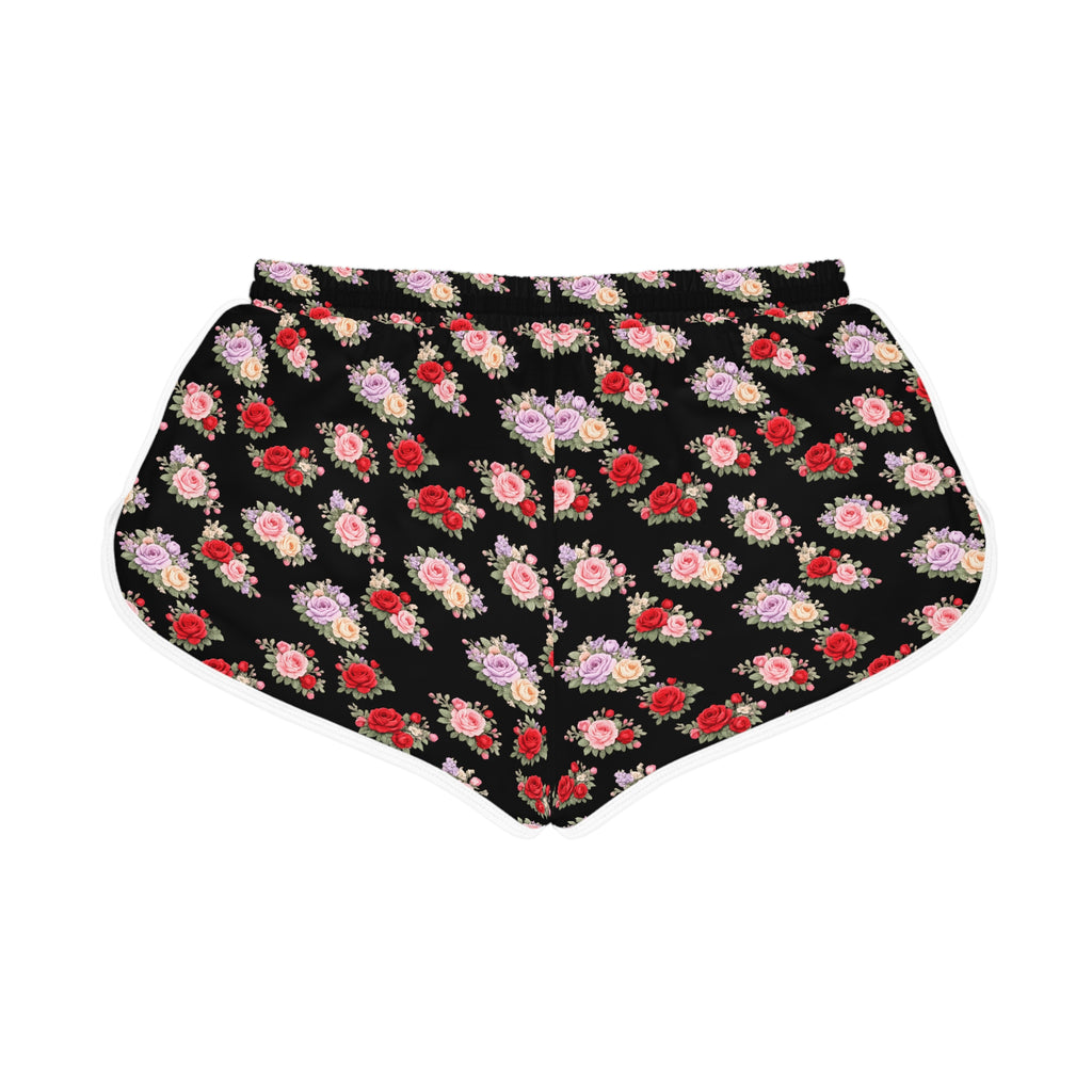 Anthos Collection BLACK Floral Stretch Women's Relaxed Shorts — Vintage Pink & Red Rose All-Over Print
