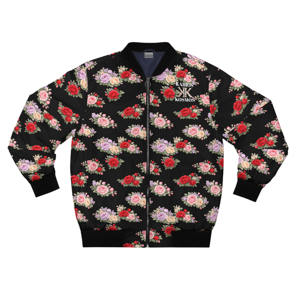 Anthos Collection Floral Rose BLACK Bomber Jacket — Vintage Pink & Red All-Over Print