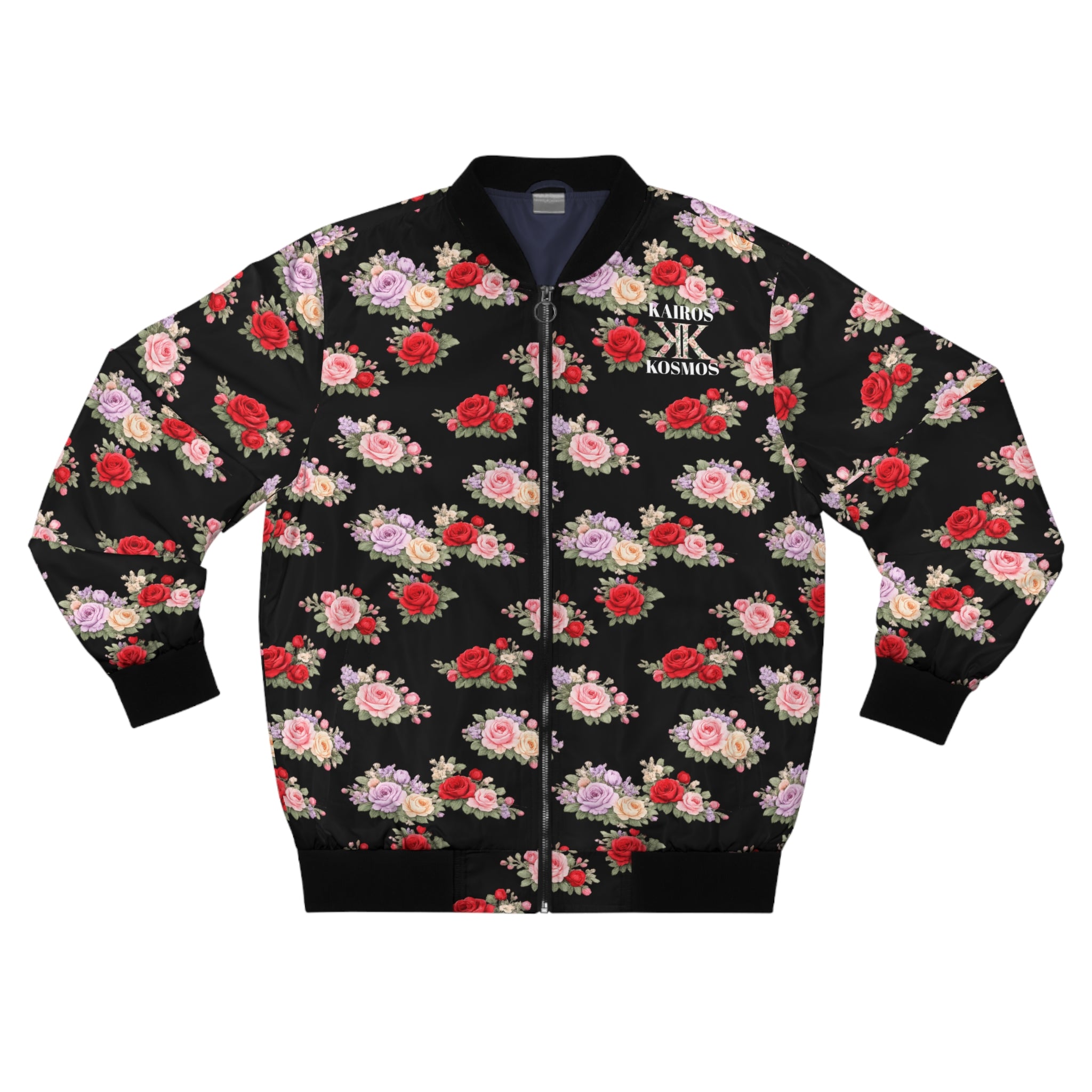 Anthos Collection Floral Rose BLACK Bomber Jacket — Vintage Pink & Red All-Over Print