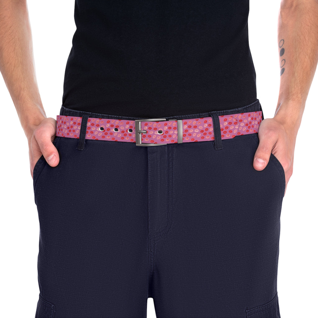 Psyche Collection Women's Light Pink, Pink And Red Lip Print Belt – Cute Kiss Pattern Fashion Belt