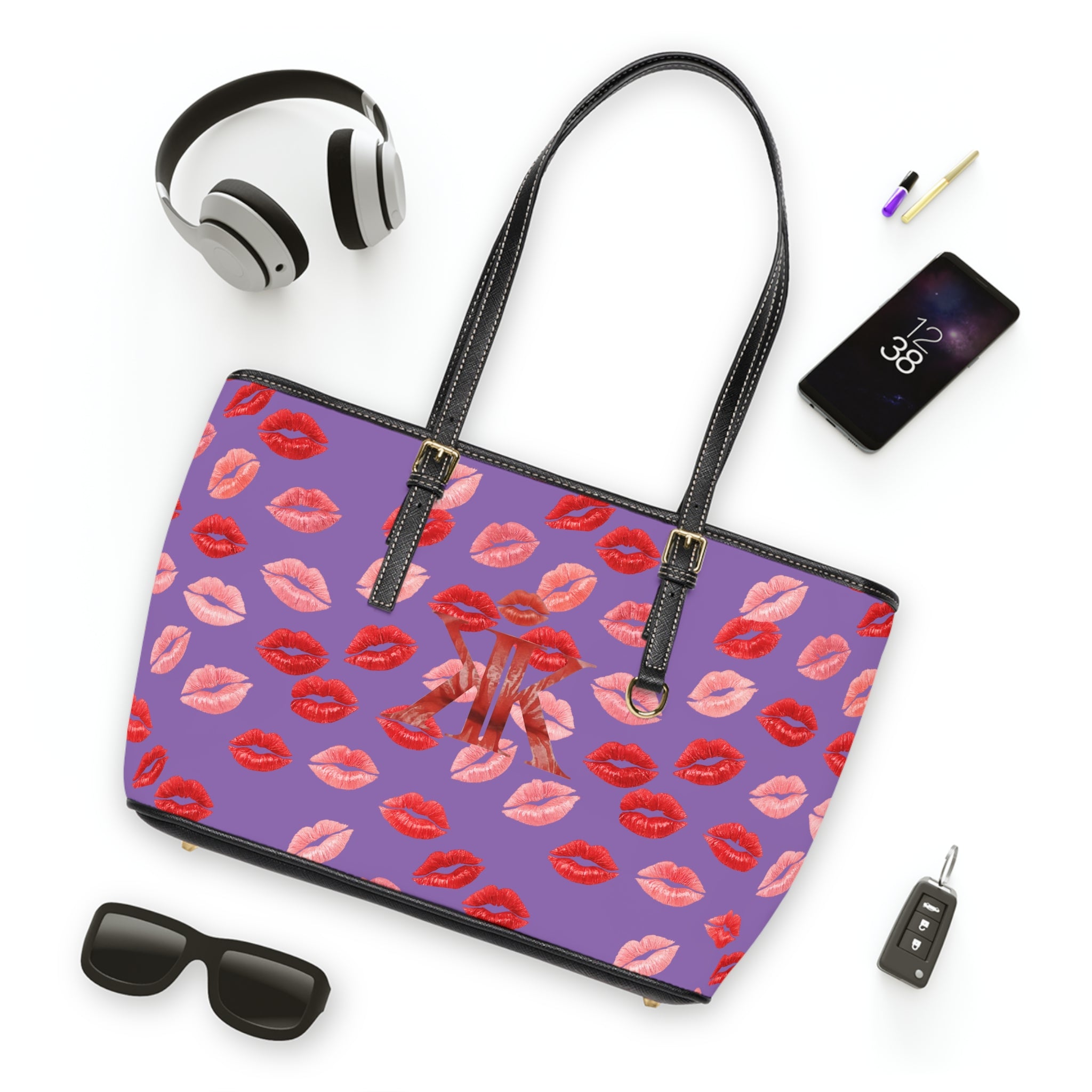 Psyche Collection Light Purple Kiss Print PU Leather Shoulder Bag – Red Lipstick Pattern