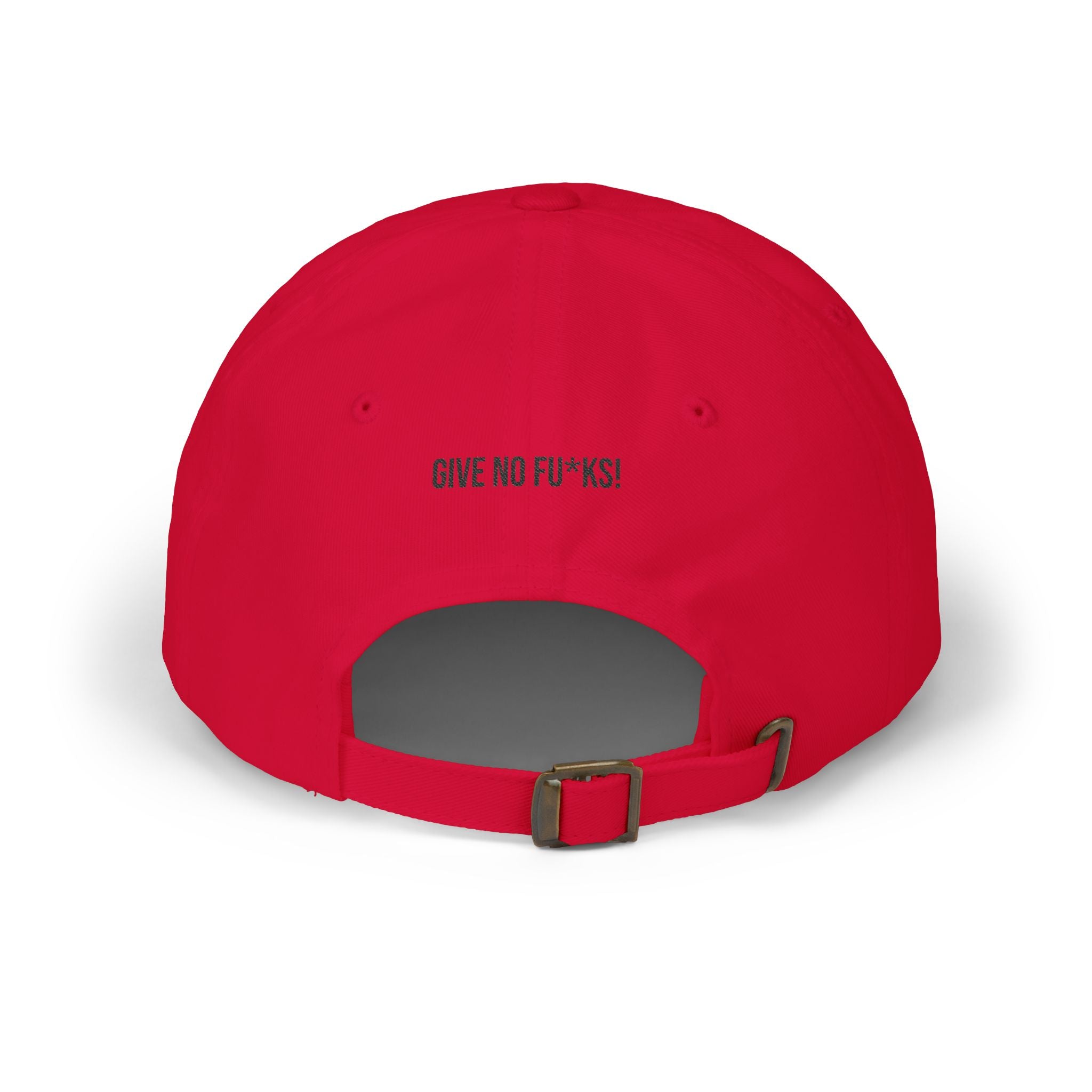 Kairos Kosmos RED Embroidered Cap — "Give No F**ks" Back Text