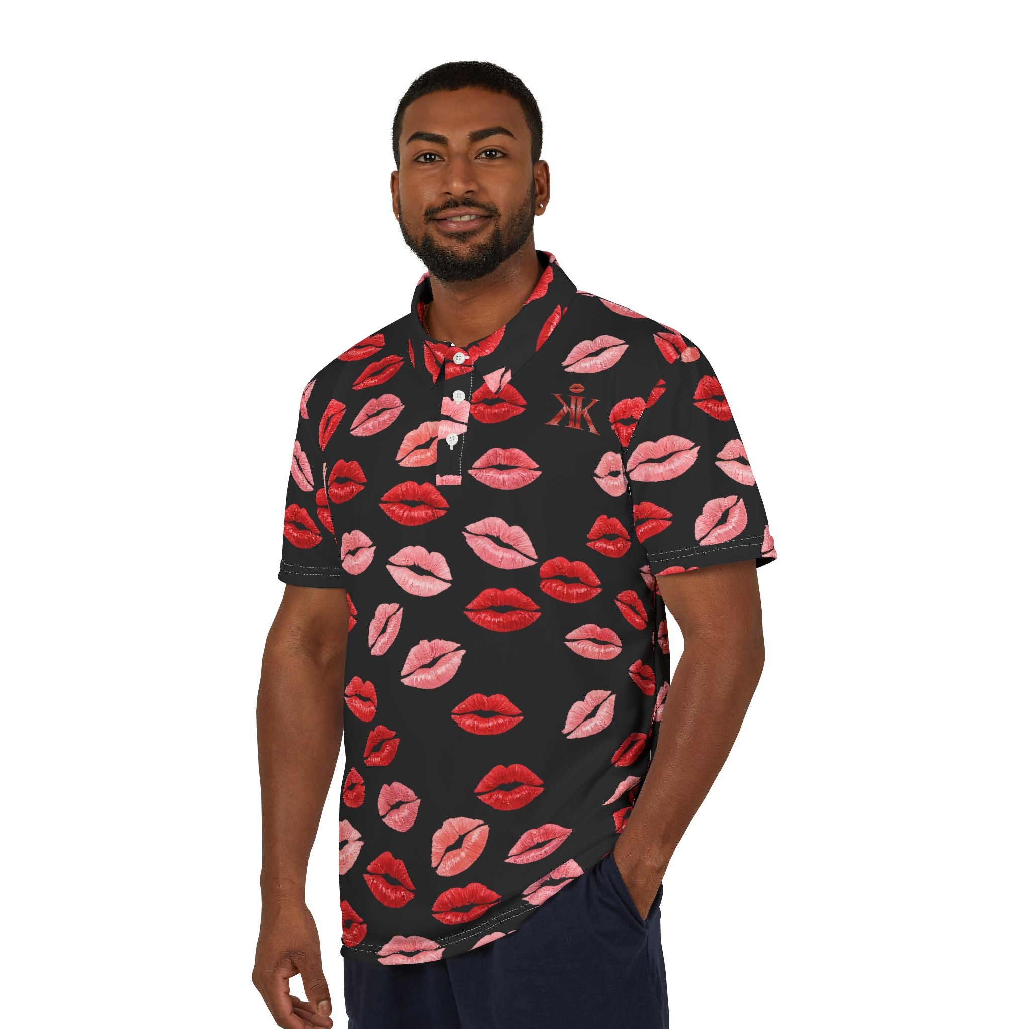 Psyche Collection BLACK Kiss Print Polo Shirt — Allover Red Lip Pattern