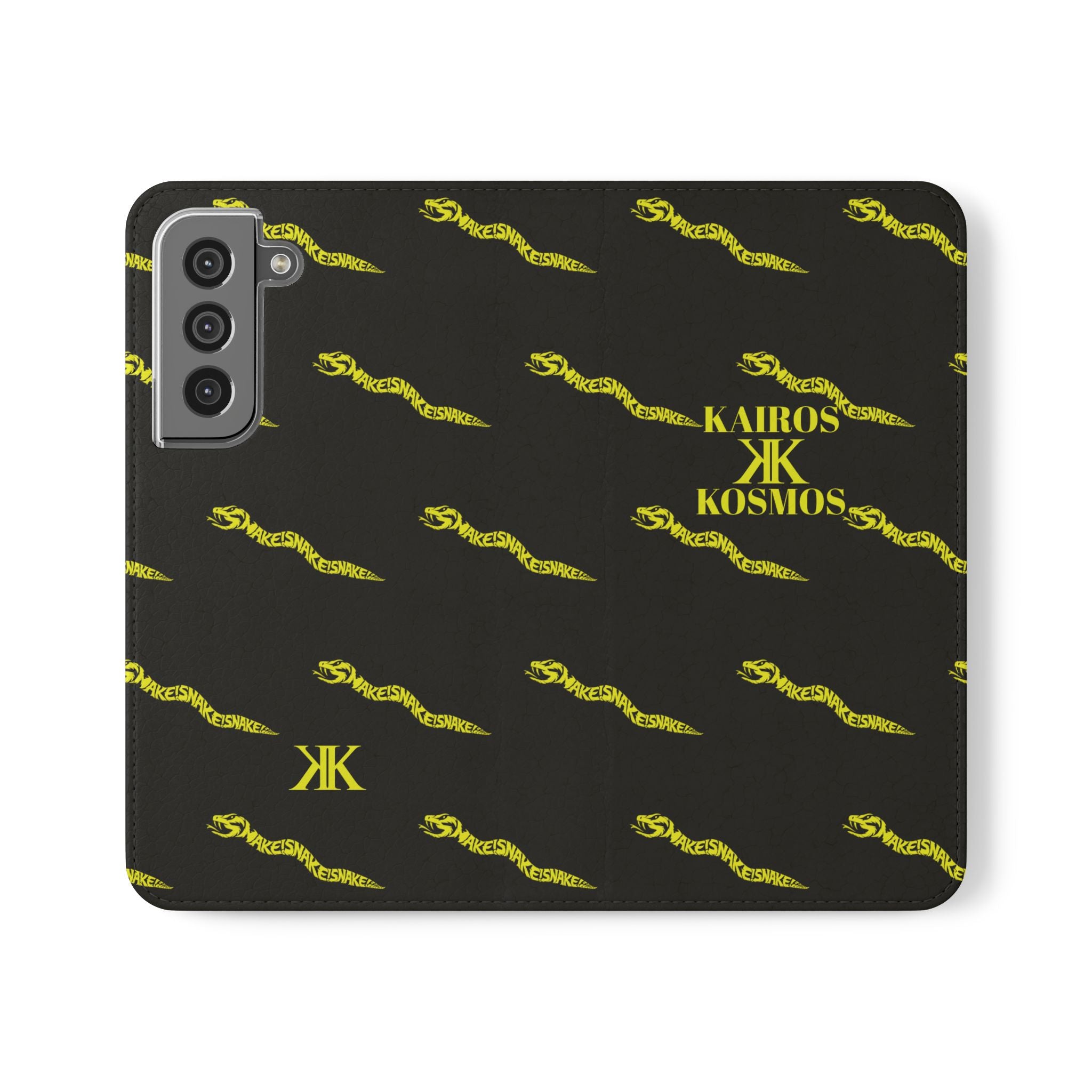 Aspis Collection Flip Case Phone Wallet — Black & Gold Kairos Kosmos Pattern