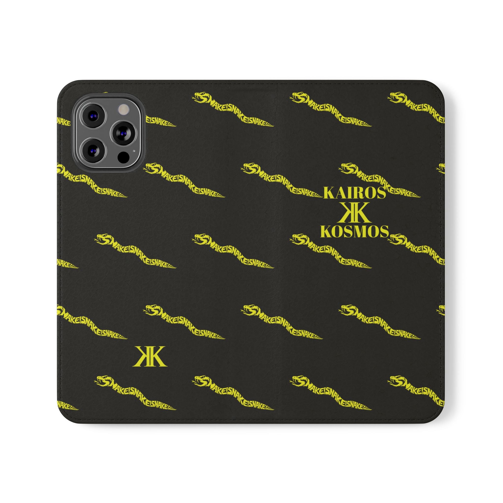 Aspis Collection Flip Case Phone Wallet — Black & Gold Kairos Kosmos Pattern
