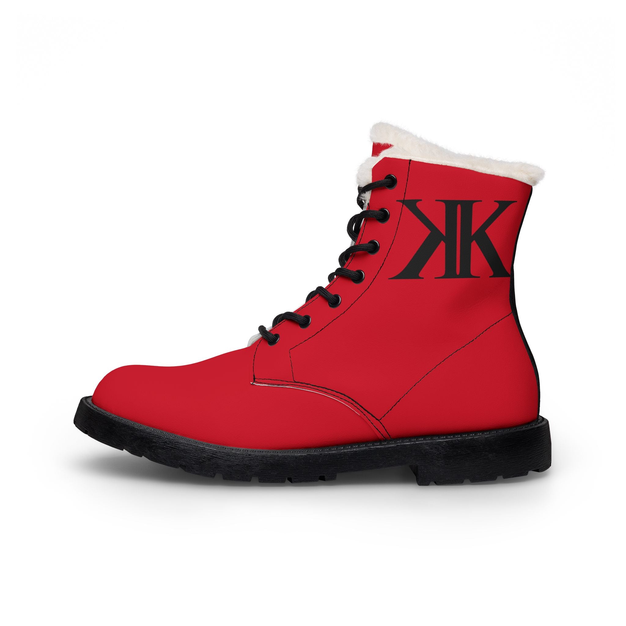 White Fur-Lined RED Leather Boots with Black 'KK' Monogram