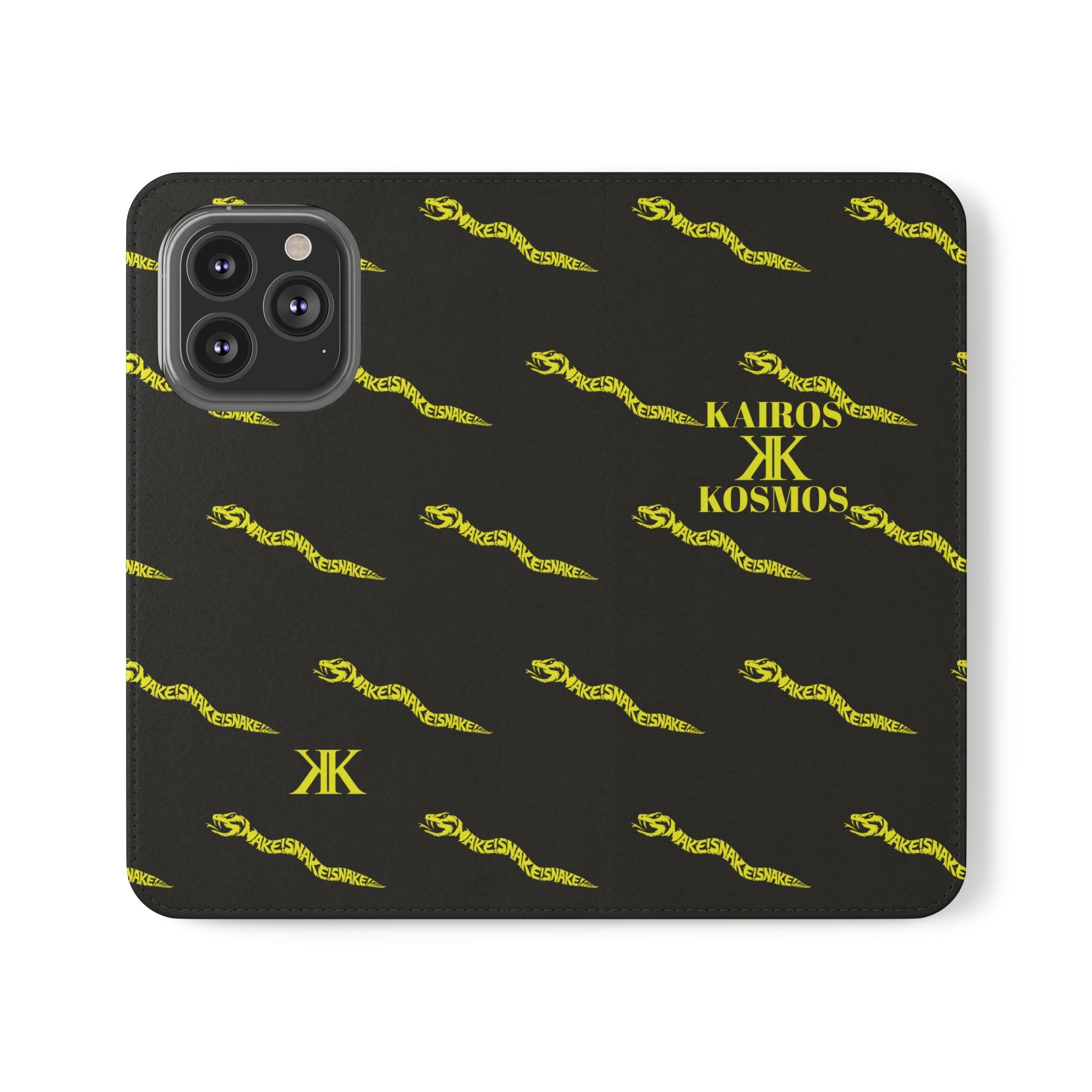 Aspis Collection Flip Case Phone Wallet — Black & Gold Kairos Kosmos Pattern